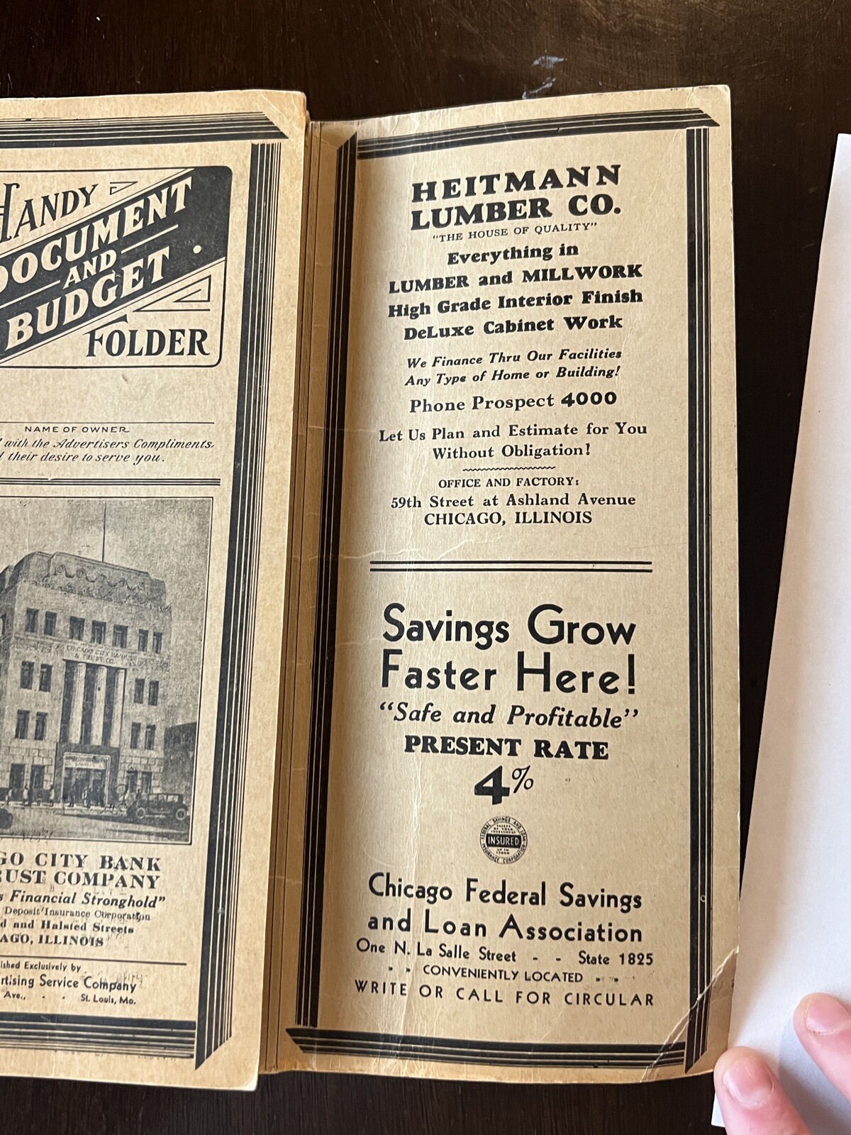 INTERESTING CHICAGO CITY BANK HANDY DOCUMENT AND BUDGET FOLDER, ADVERTISING