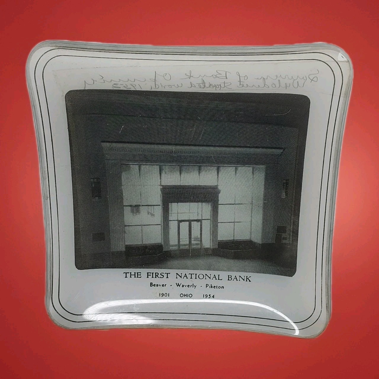 1954 First National Bank Waverly Ohio Pike County Glass Tray Collectible Vtg