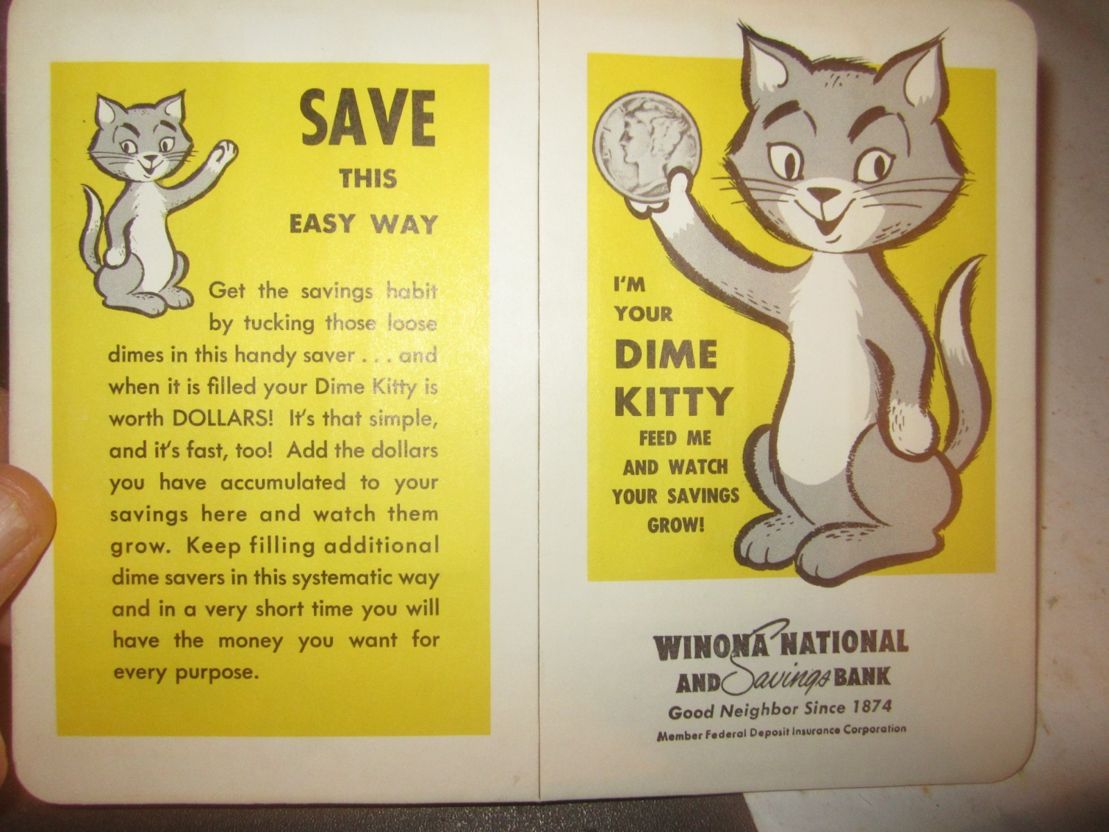 Vintage Dime Kitty Coin Saver Card WINONA NATIONAL AND SAVINGS BANK Lot Of 2