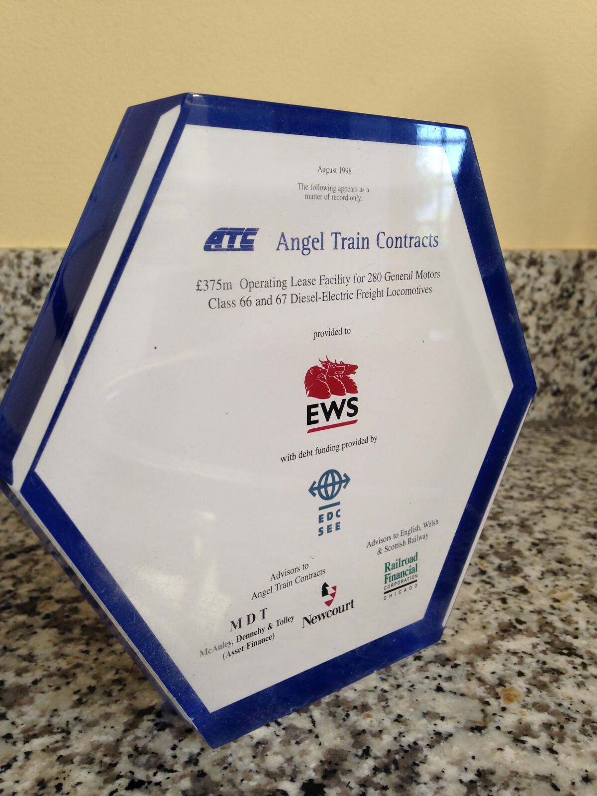 Six sided LUCITE TOMBSTONE EWS / Angel Trains Lease Class 66 and 67 Locomotives