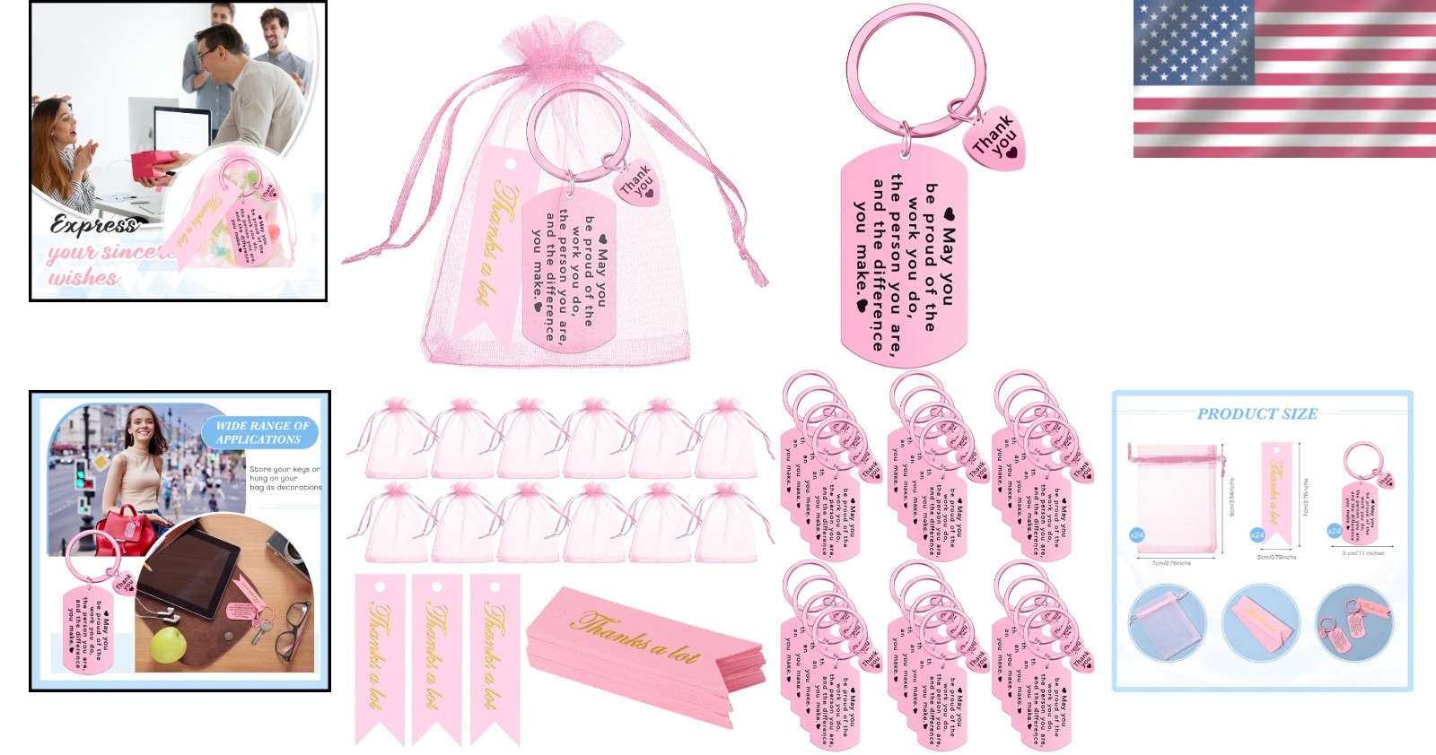 72 Pcs Employee Appreciation Gift Set: Keychains, Cards & Organza Bags in Pink