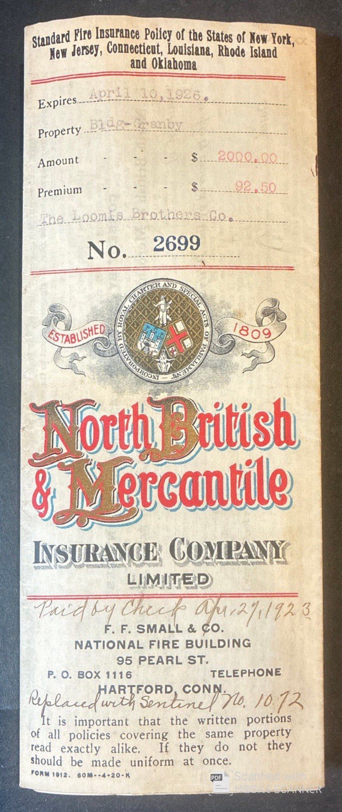 NORTH BRITISH & MERCANTILE INSURANCE POLICY on Property in Granby, CT 1923-1926