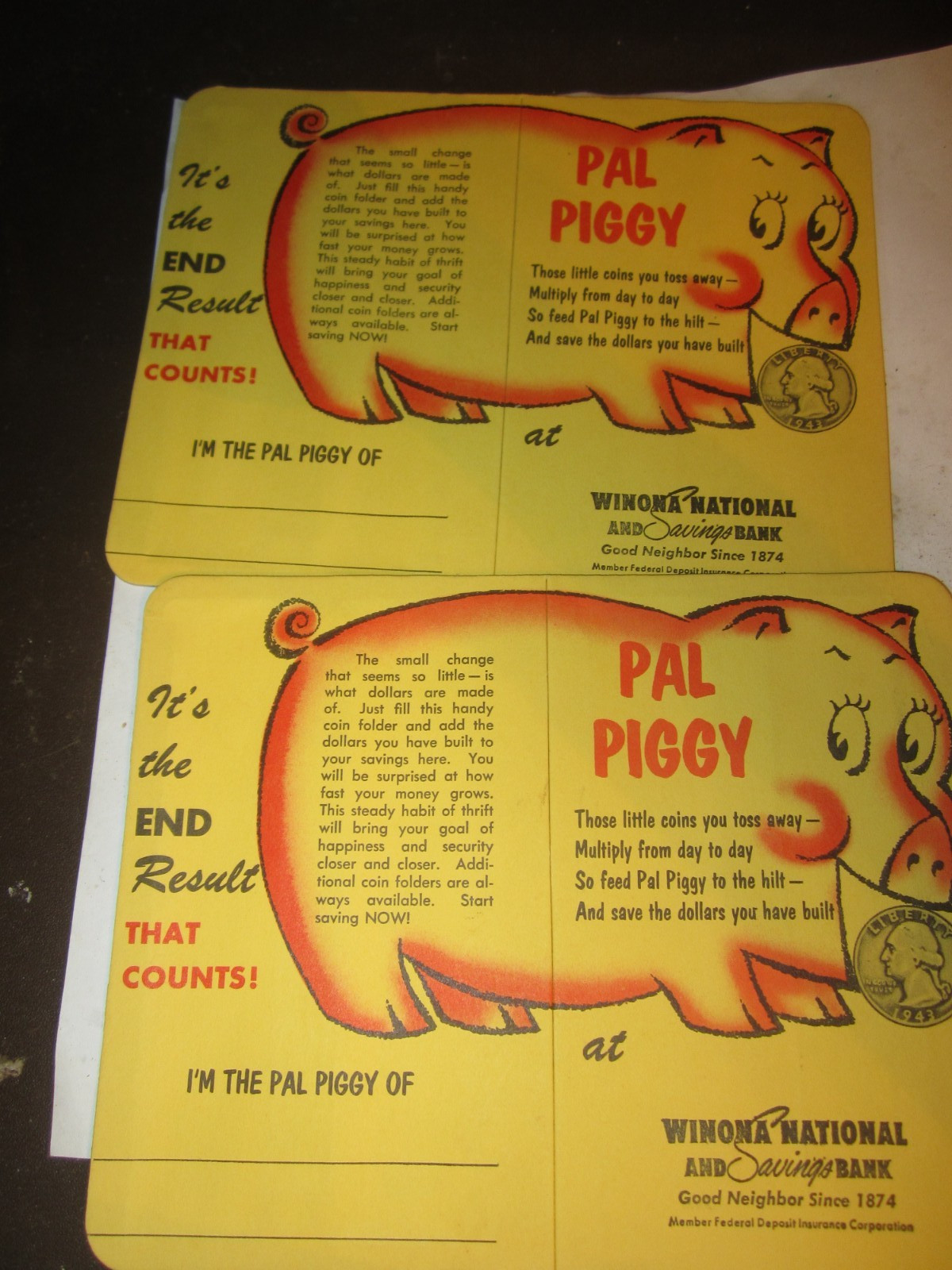 VTG PAL PIGGY QUARTER Coin Saver Card WINONA NATIONAL AND SAVINGS BANK Lot Of 2