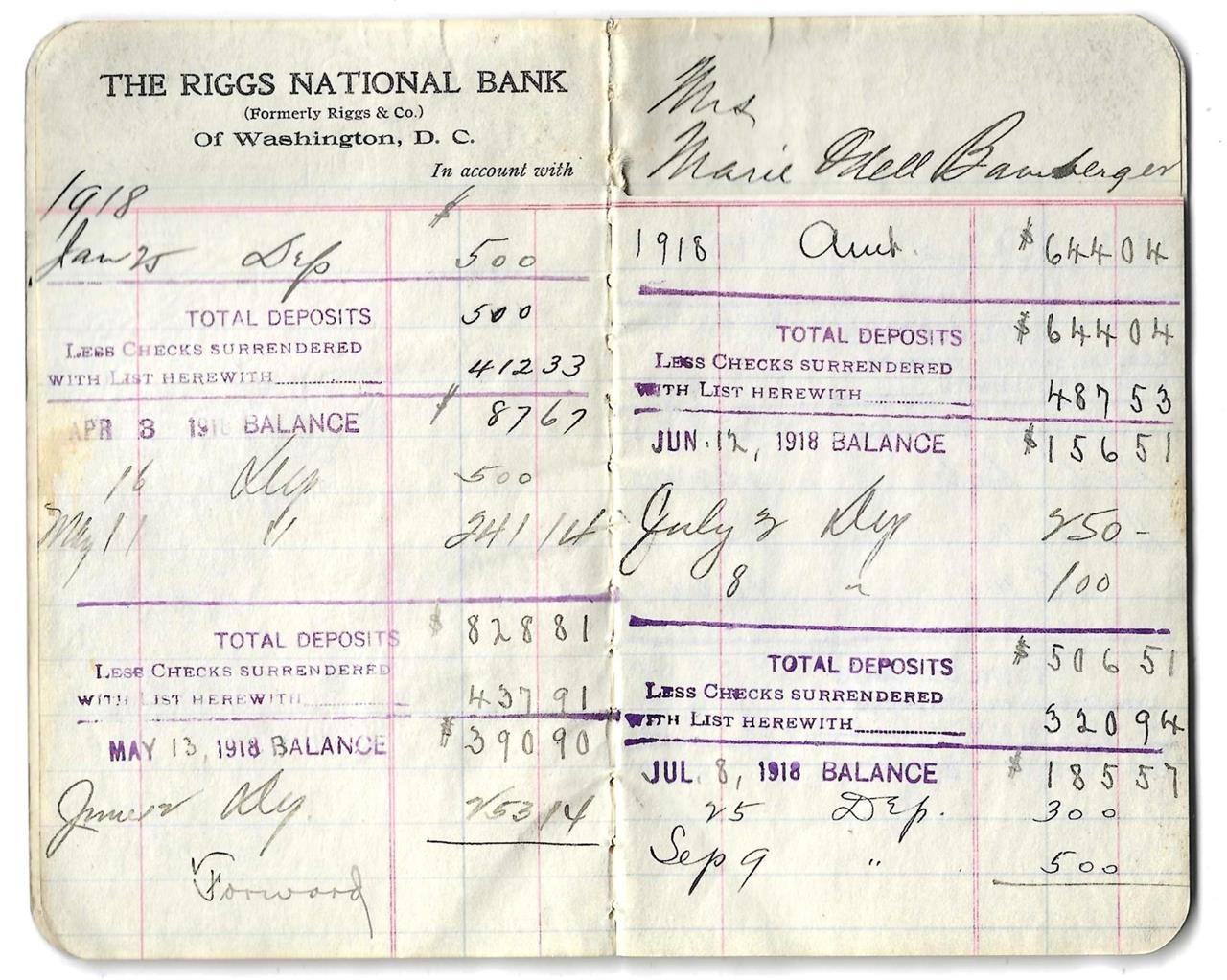 Riggs National Bank – Washington DC – Account Book, Check, Letter – 1918