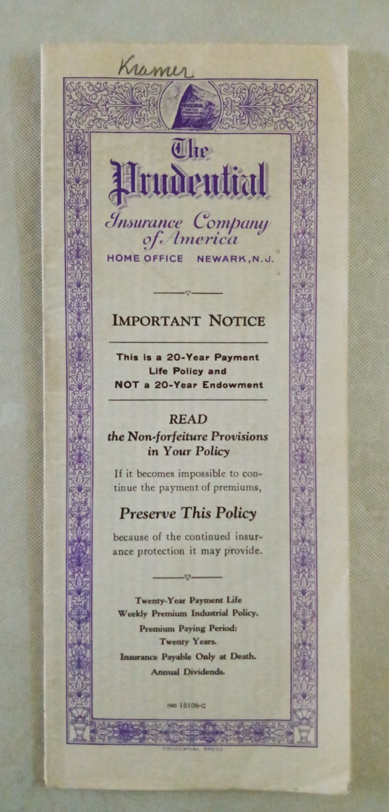 1942 Prudential Life Insurance Policy