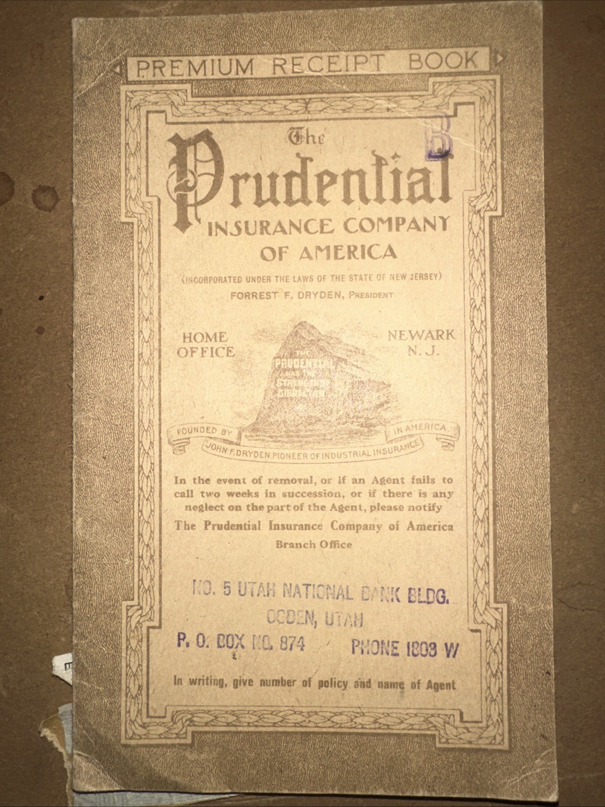 Vintage 1923 Prudential Insurance Co of America Newark Premium Receipt Book