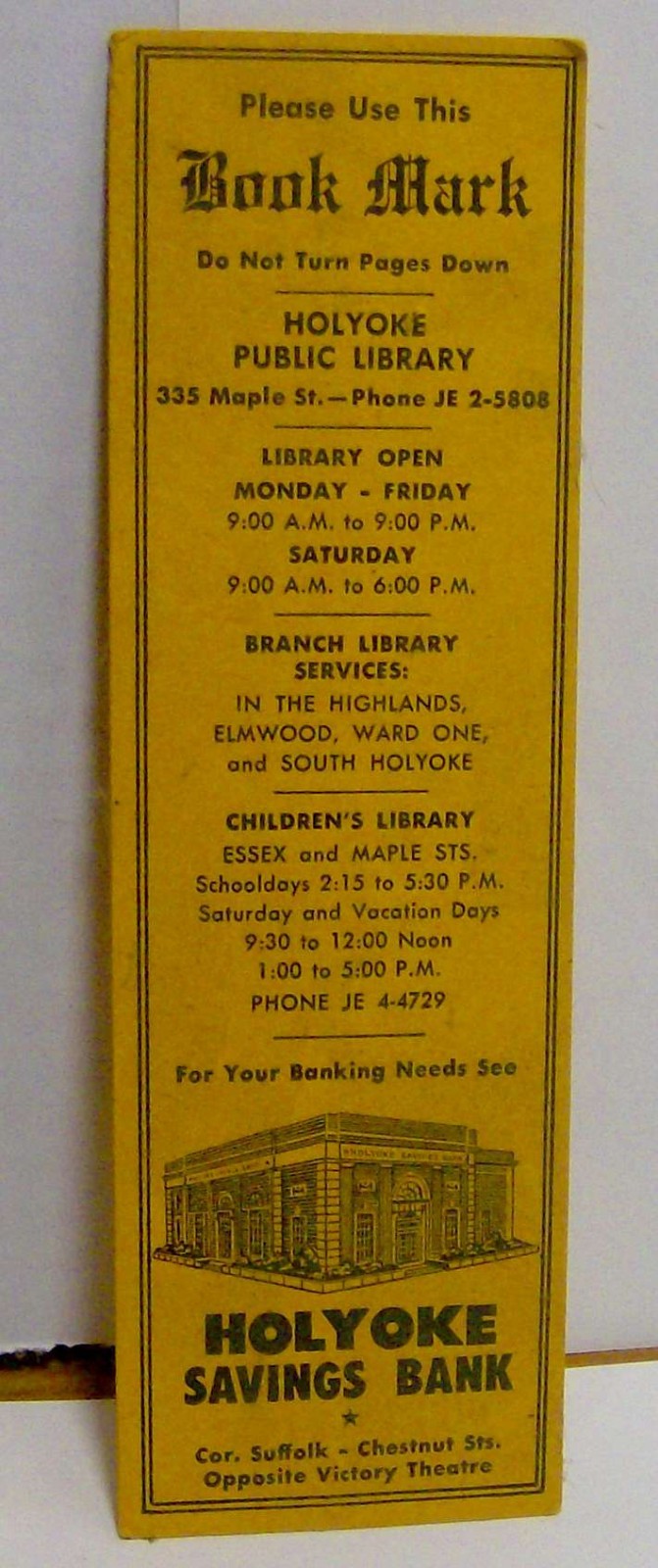 vintage 1950s 1960s HOLYOKE SAVINGS BANK bookmark Massachusetts library banking