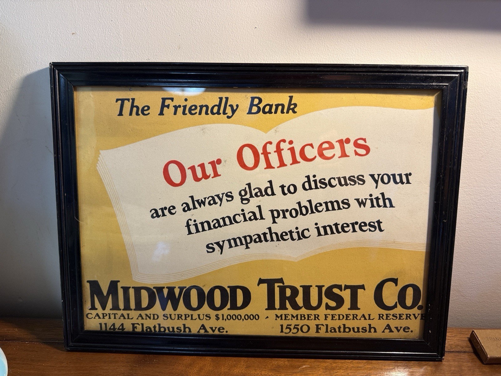 Antique 1920’s Bank Sign Midwood Trust Co. Flatbush Ave Brooklyn New York Framed