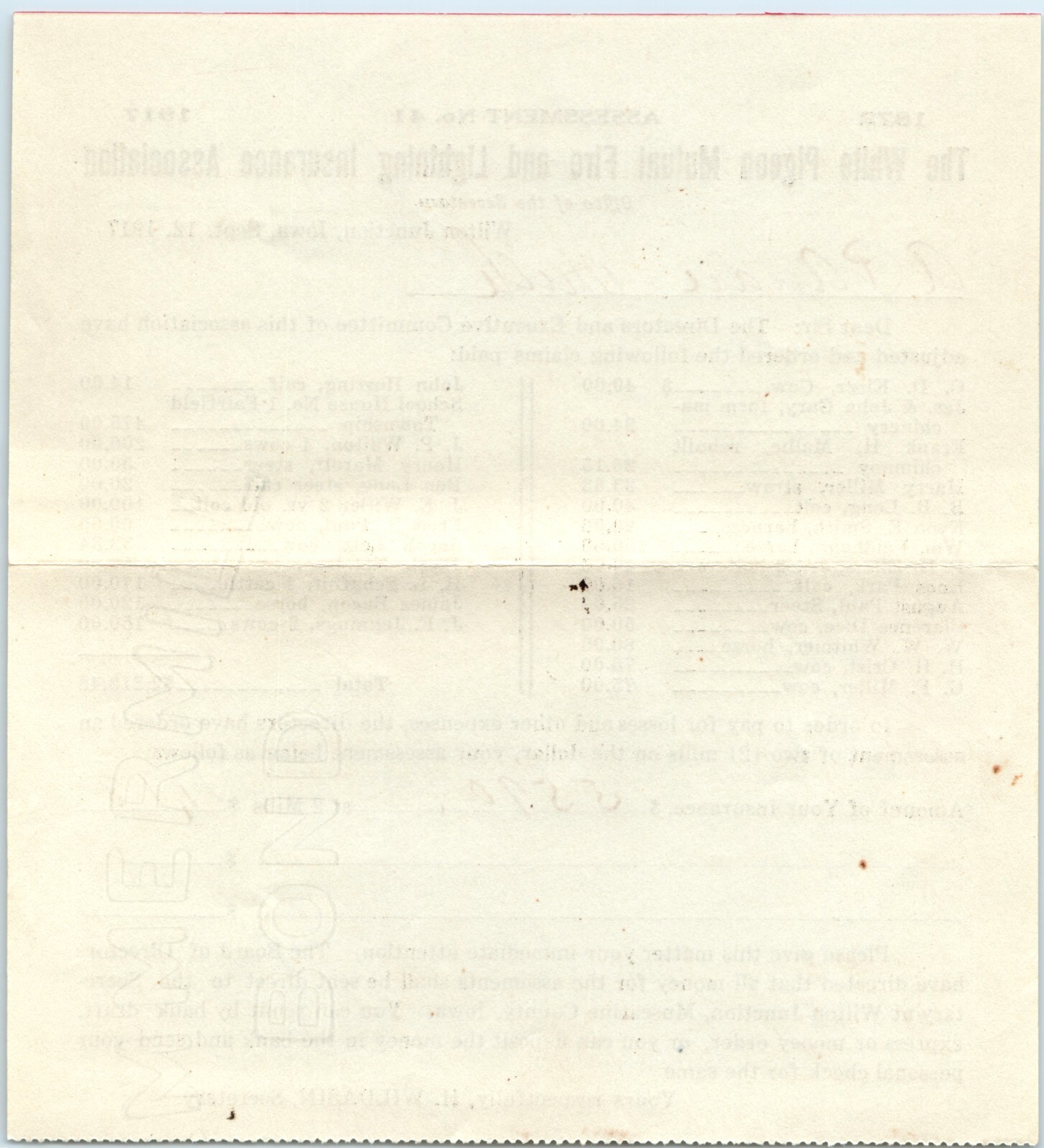 1917 Wilton Junction, Iowa White Pigeon Fire Insurance Claim Letter Cover IA 3C