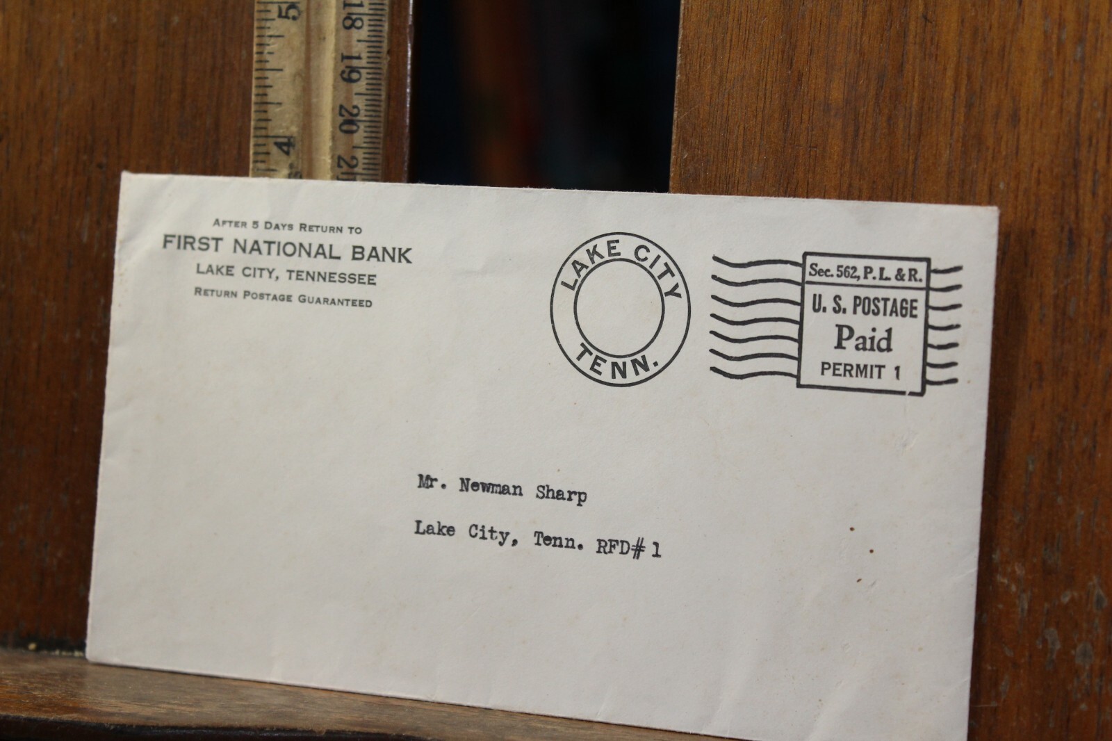 1940’s Envelope First National Bank Lake City, Tennessee