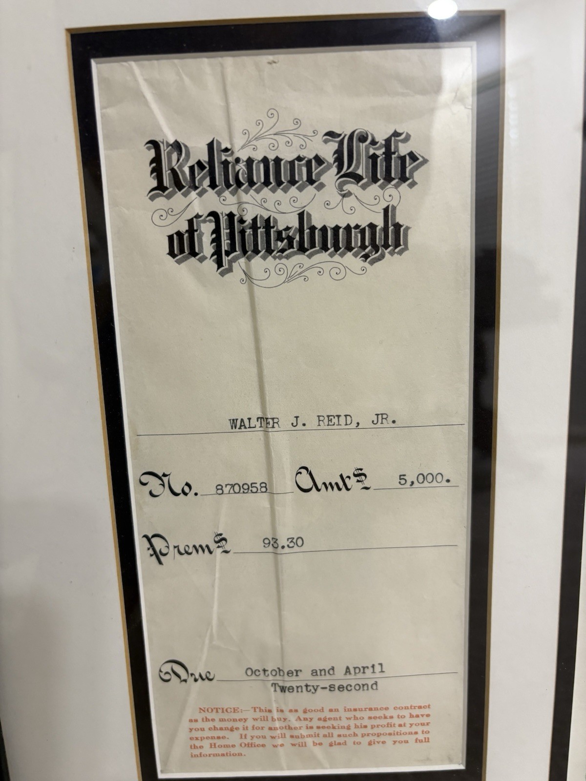 Dated 1941 -Old life Policy