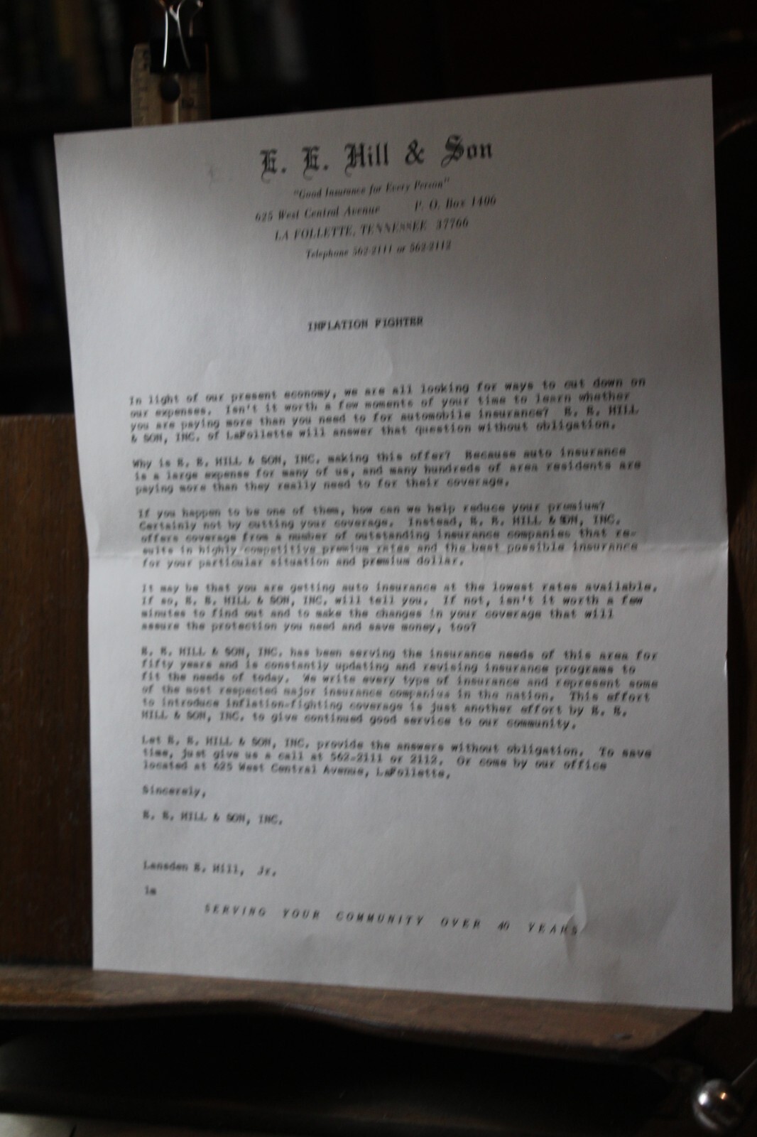 Vintage 1970’s E.E. Hill and Son Insurance Inflation Fighter Letter