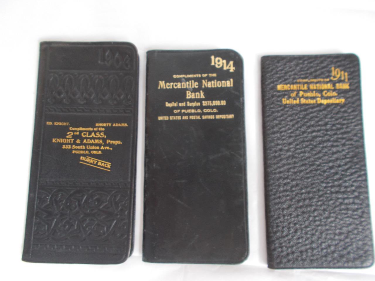 Lot 3 DAILY JOURNALS 1906-1914 BANK Give aways PUEBLO CO LEATHER small antique