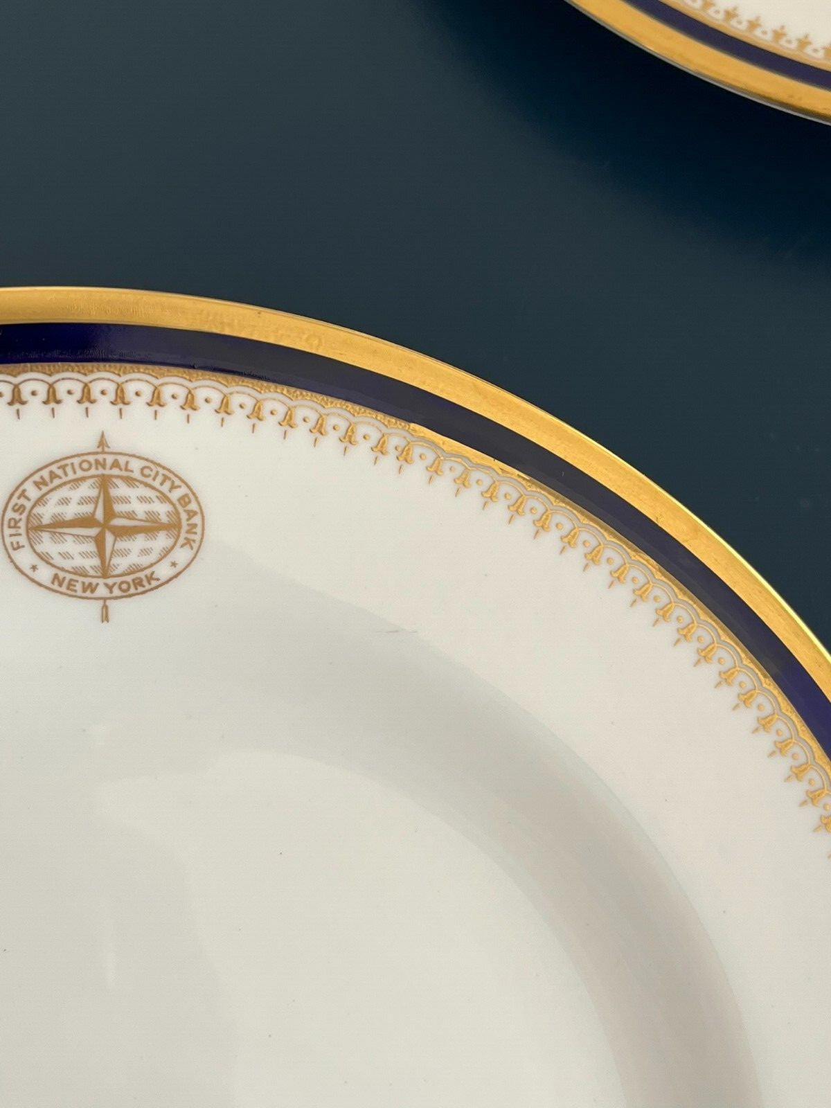 FIRST NATIONAL CITY BANK NY SPODE KNIGHTSBRIDGE COBALT 3 LUNCH PLATES RARE!