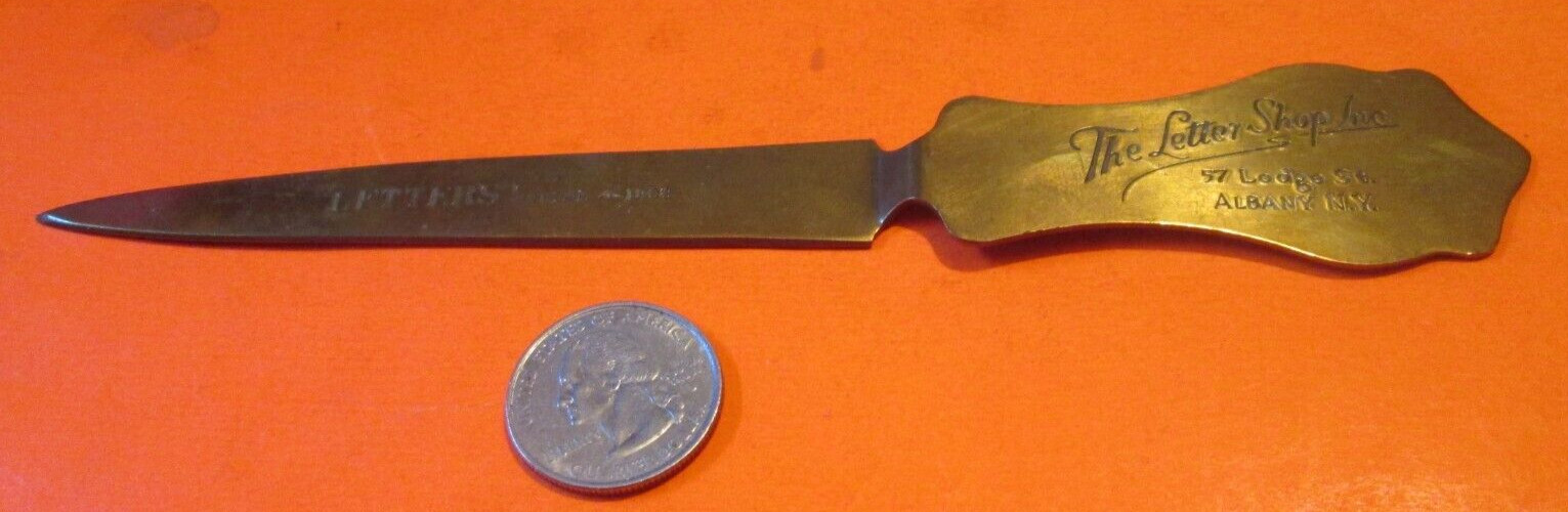 VTG BRASS BRONZE LETTER OPENER THE LETTER SHOP INC,ALBANY NEW YORK PHONE 4-1908