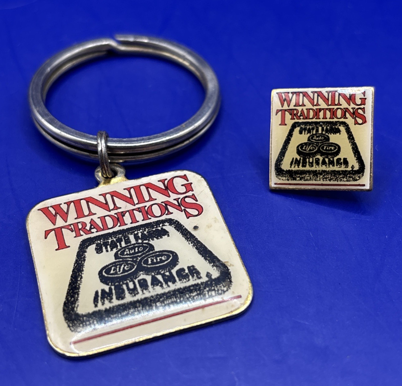 VTG State Farm “Winning Traditions” Lot of Two (2) Items: Keychain and Lapel Pin