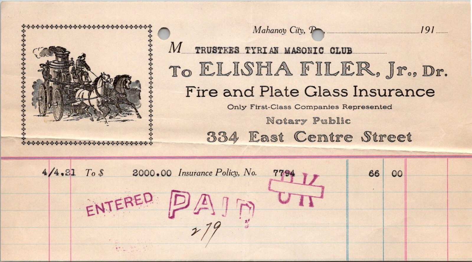 1921 Elisha Filer Jr Dealer Fire And Plate GLass insurance And Notary Public