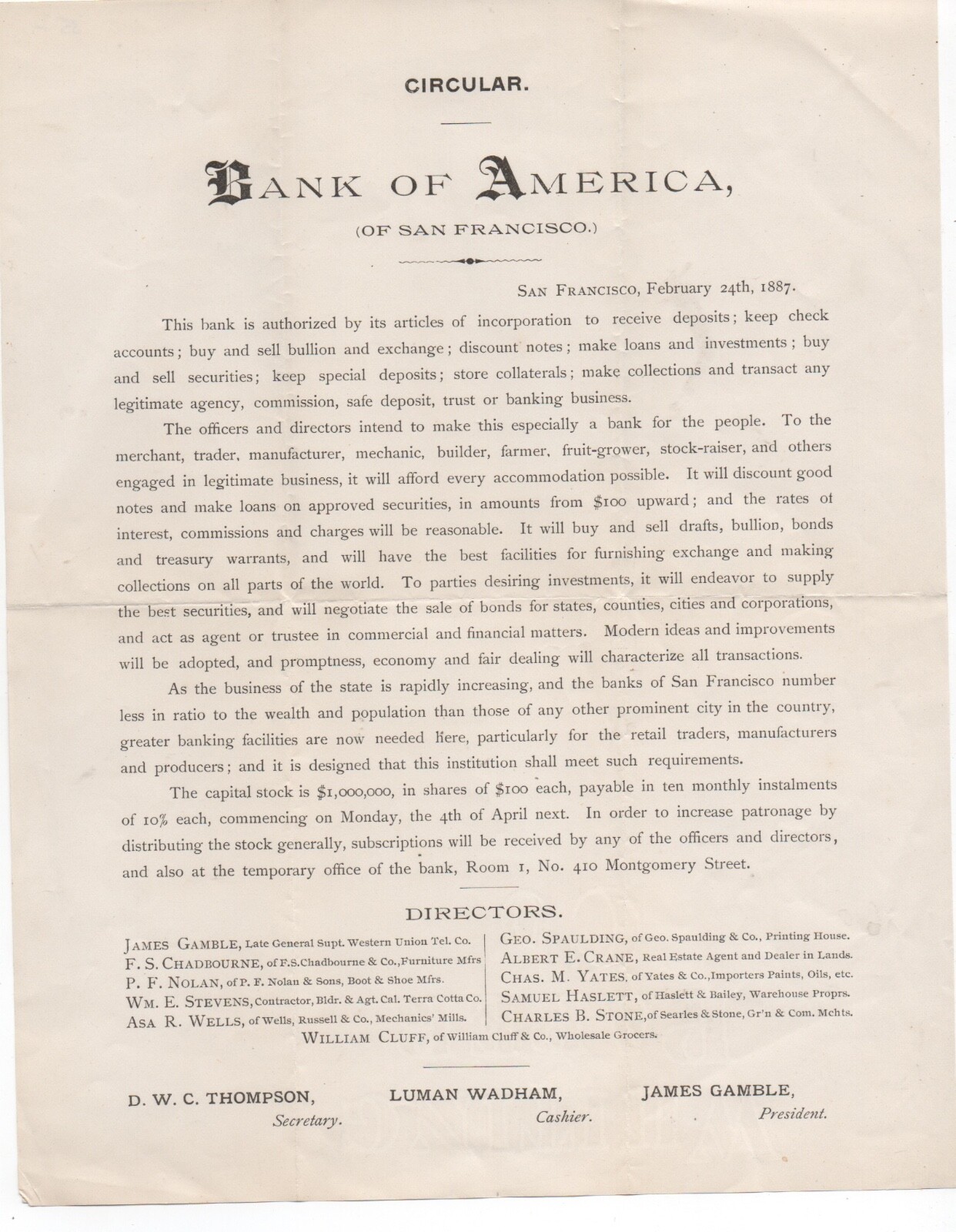 1887 Circular from the Bank of America at San Francisco CA