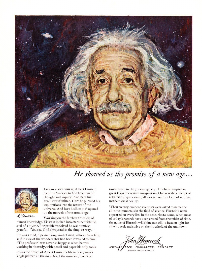 1961 Albert Einstein Image art John Hancock Insurance promo print ad