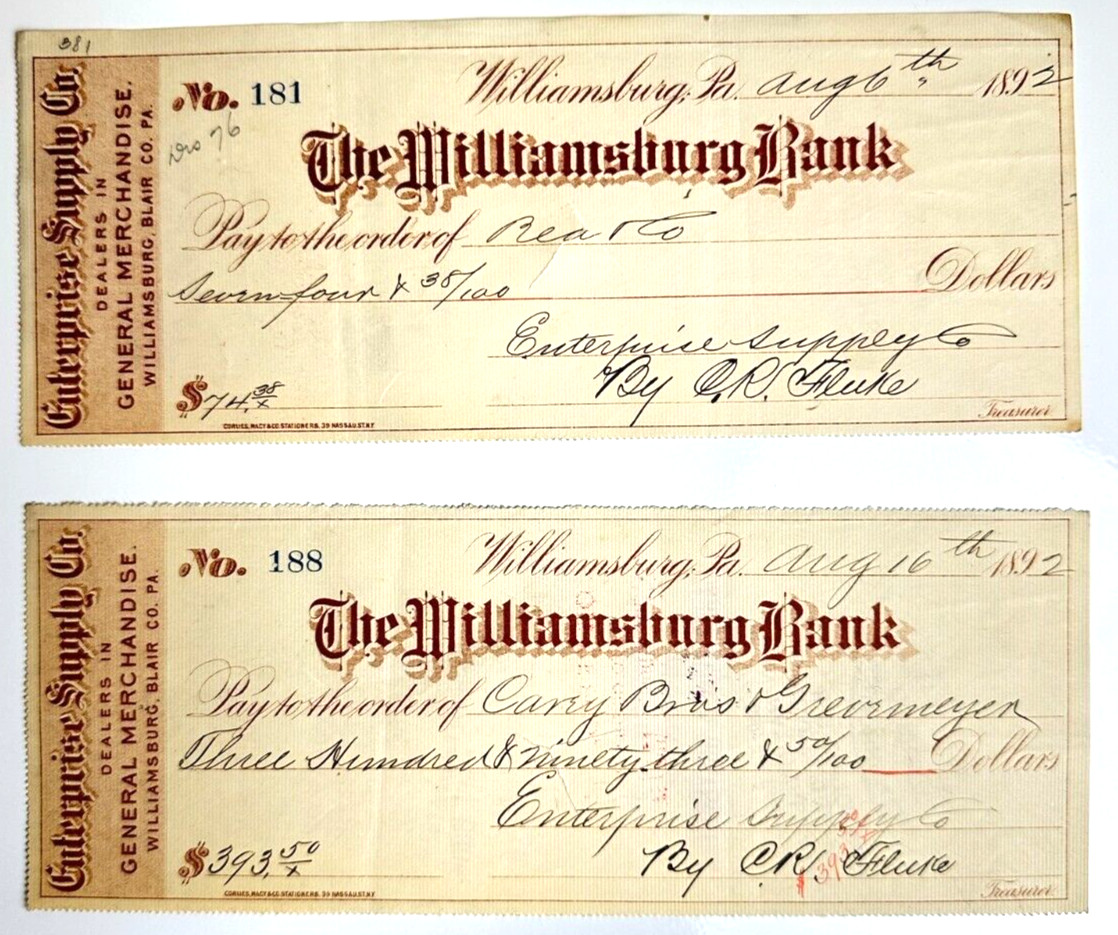 1892 WILLIAMSBURG BANK PA LOT OF 2 CHECKS GREIRMEYER BEAR Co ENTERPRISE SUPPLY