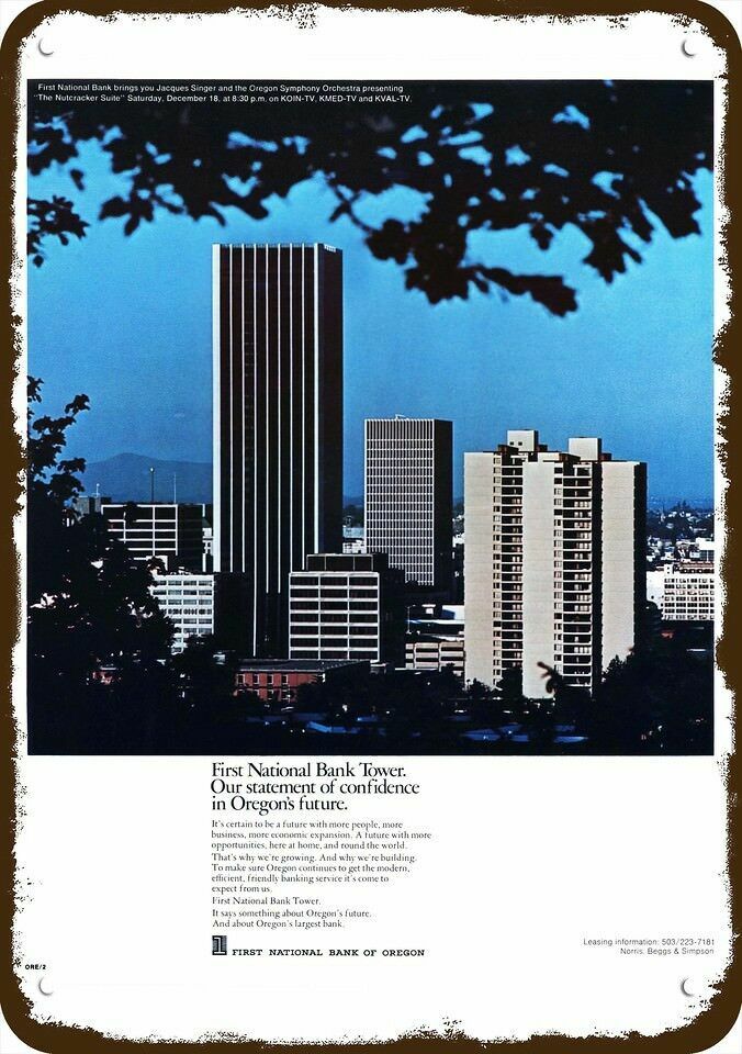 1971 First National Bank Tower Portland Vintg-Look DECORATIVE REPLICA METAL SIGN