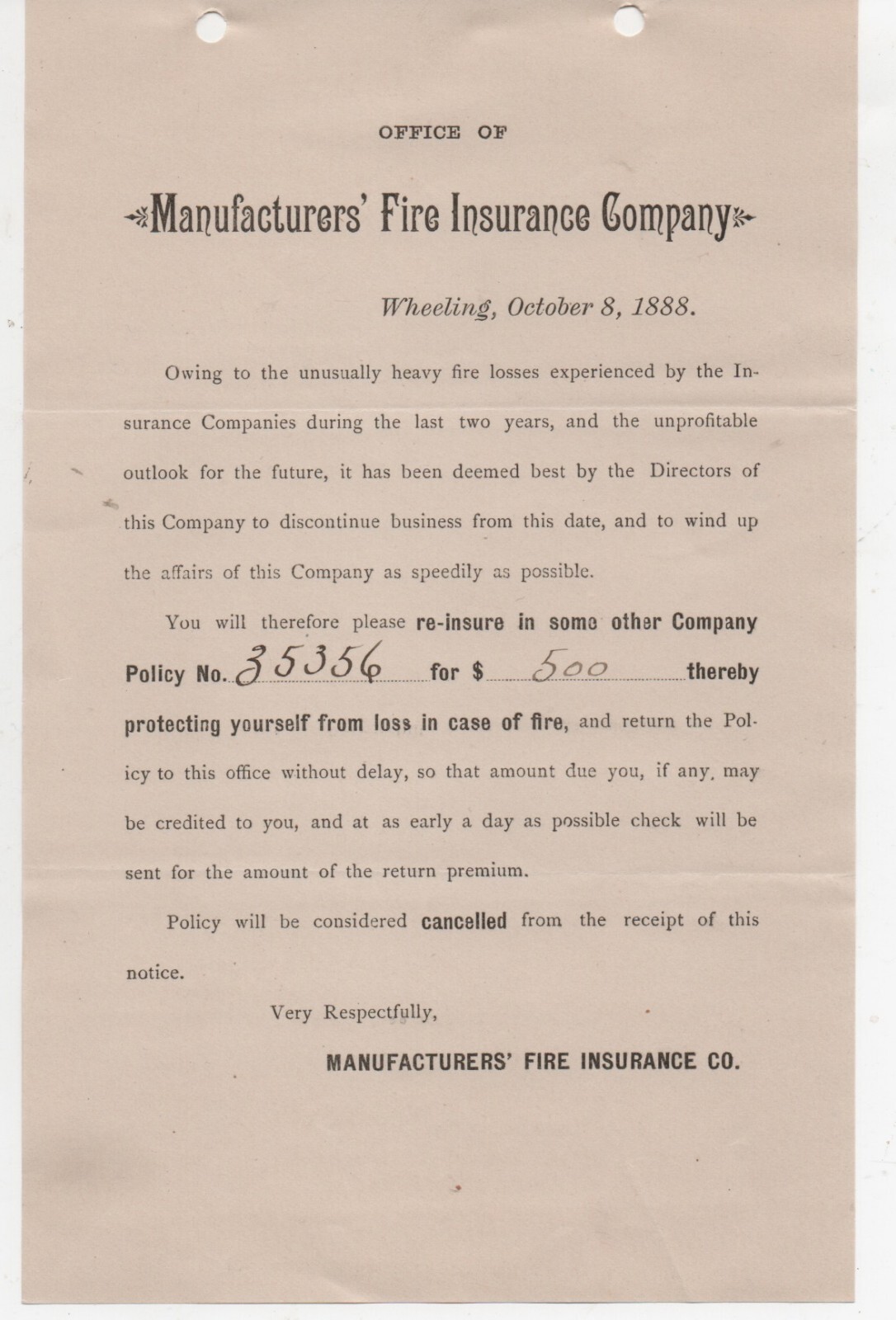 1888 Flier from Manufacturers Fire Insurance Co Wheeling WV Regarding Closing