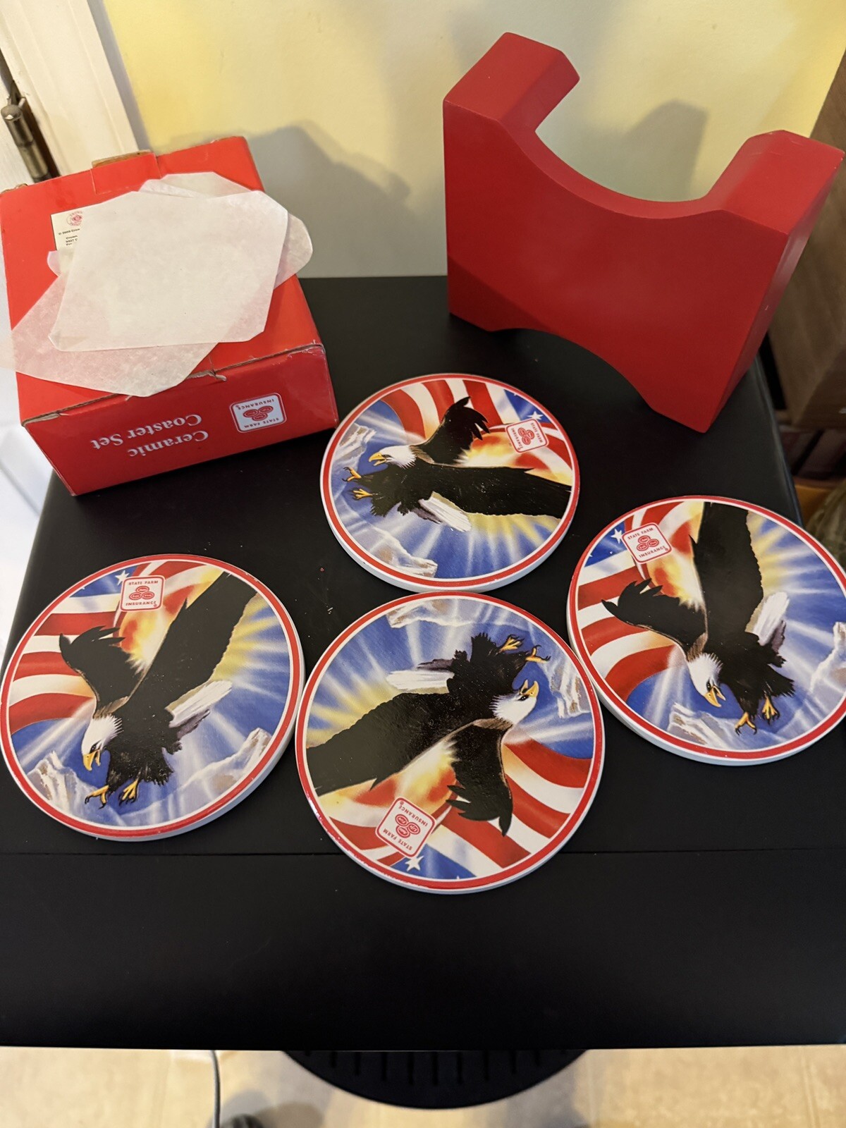 State Farm Insurance CERAMIC Drink Coaster Set Eagle & American Flag – w/Box