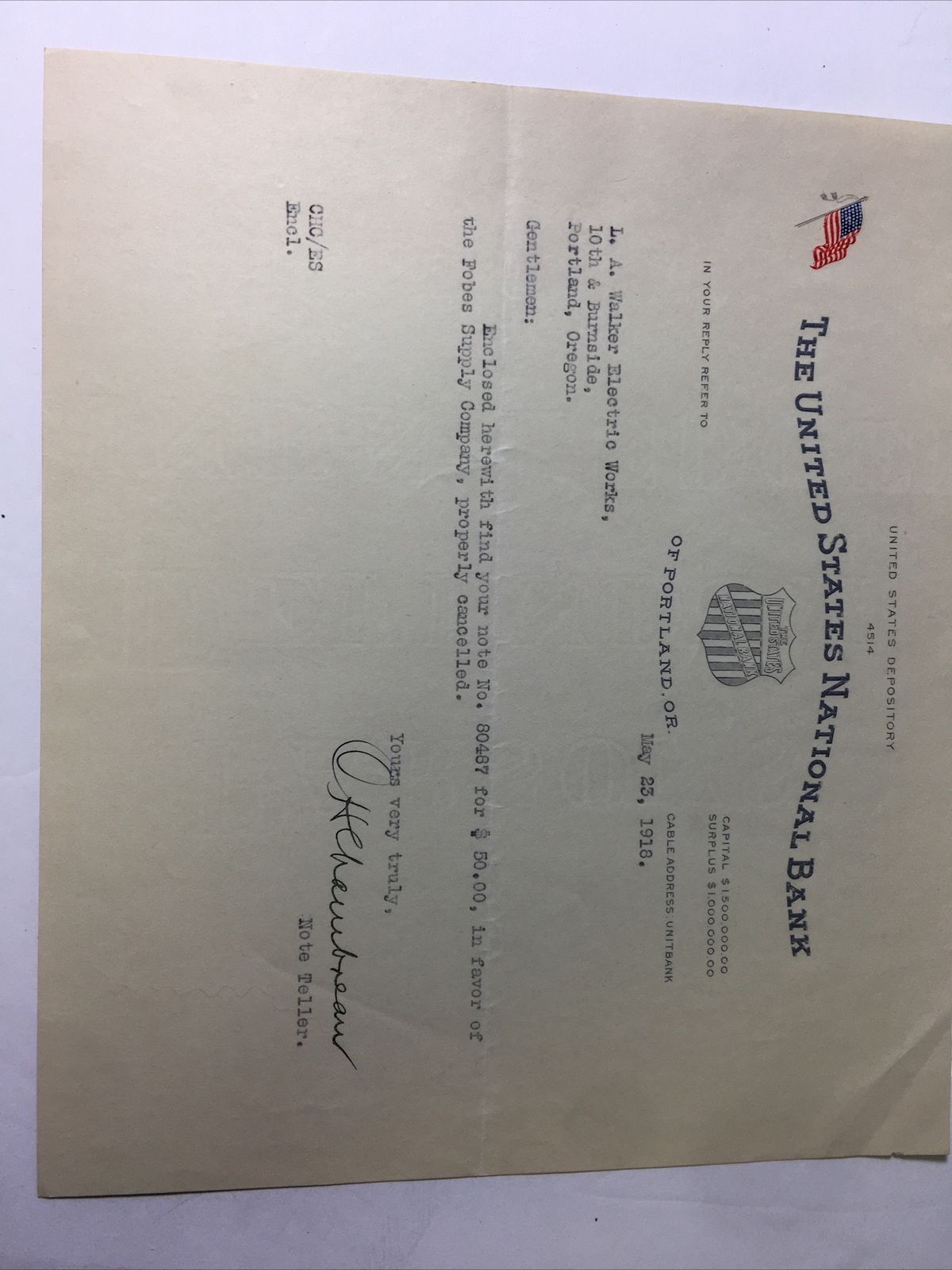 Hand Typed Letter From The United States National Bank May 23, 1918 A615