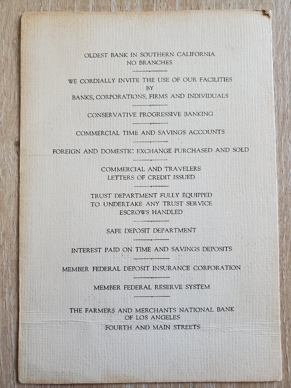 FARMERS AND MERCHANTS BANK OF LOS ANGELES 1942 Vintage Condensed Statement