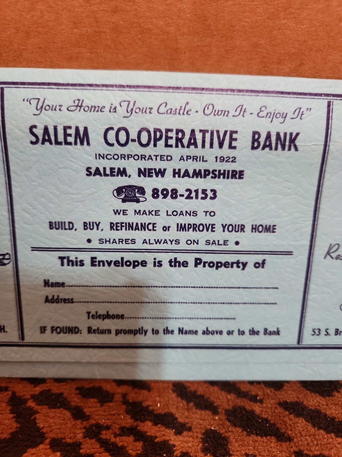 vintage 1960s LARGE CARDBOARD DEPOSIT ENVELOPE Salem NH Co-Operative Bank RARE