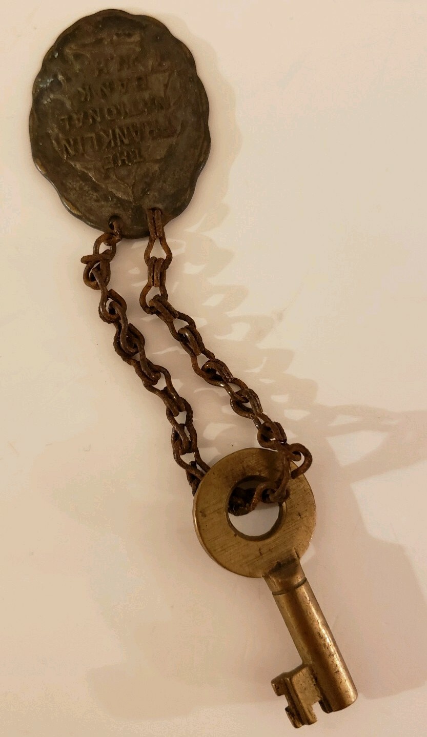 Antique 1800’s FRANKLIN NATIONAL BANK NH Brass Safety Deposit Box Safe Key w/Fob