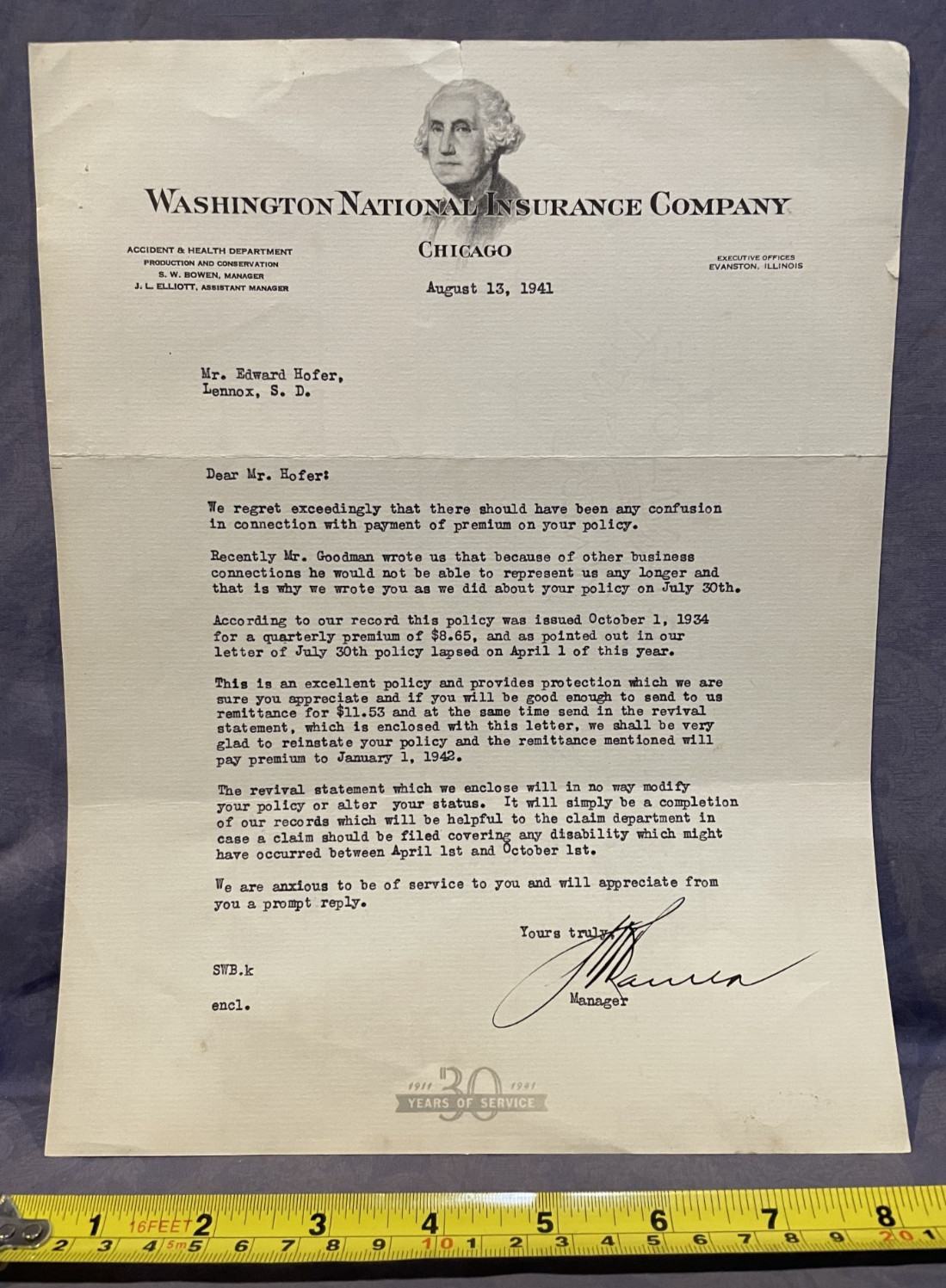 Washington National Insurance Company August 13, 1941 letter correspondence