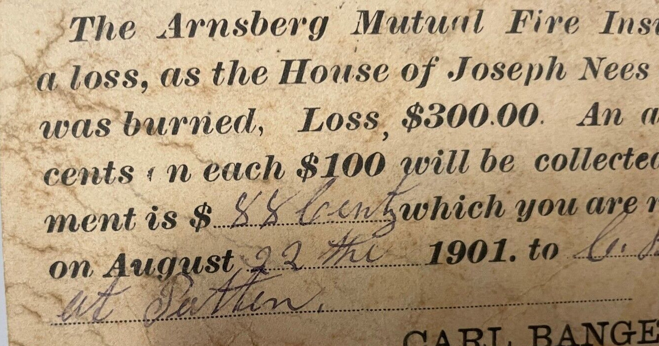 Antique Arnsberg Fire Ins Co Insurance Card 1901 Mr Knowles Patten Bollinger MO