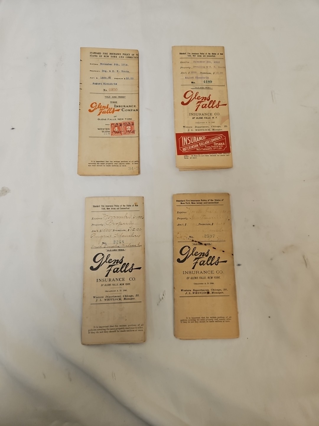 VTG Fire Insurance Policies 1900 Glens Falls Insurance Co. Ephemera (Lot Of 4)
