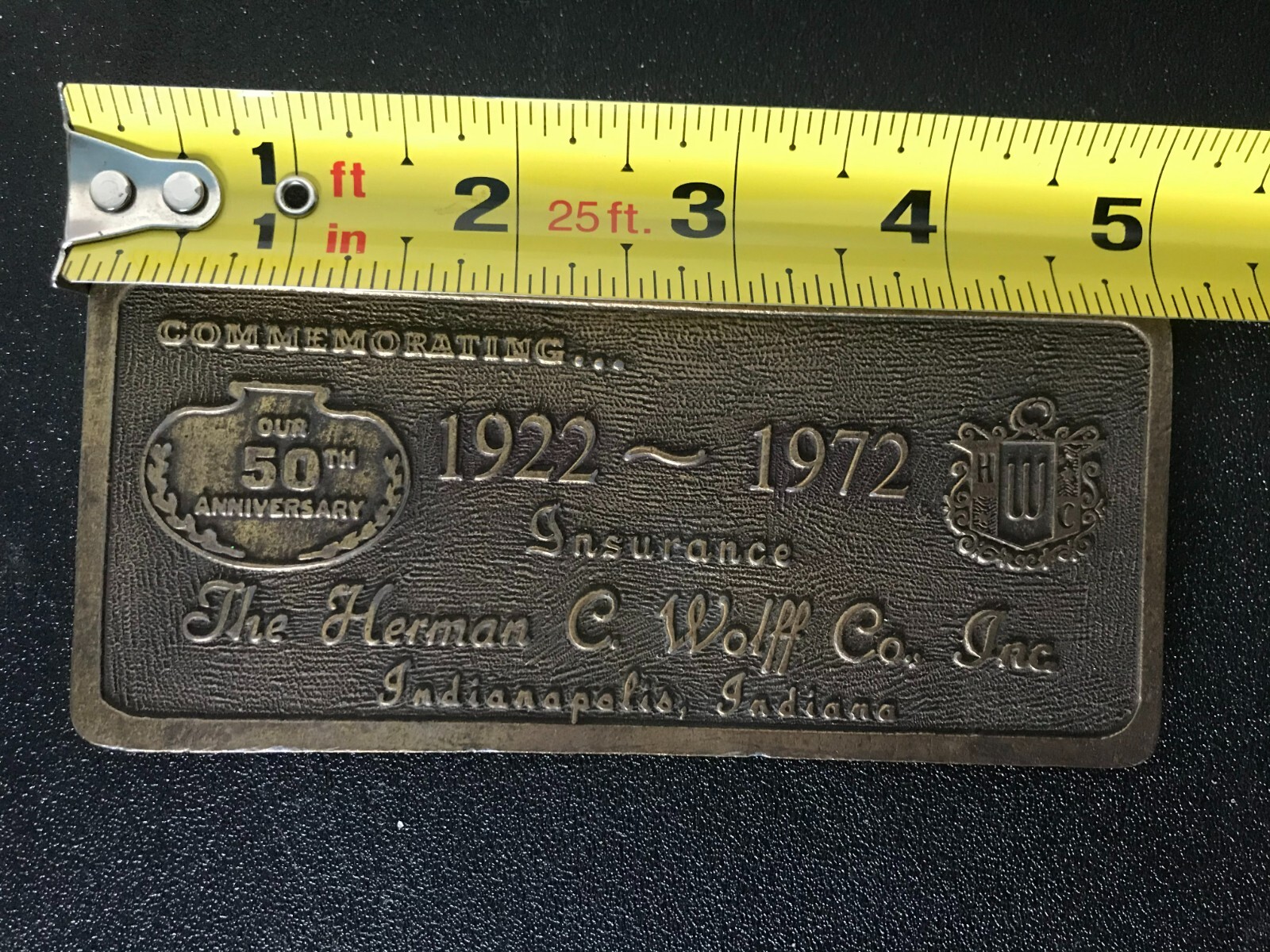 Vintage 1972 Herman C Wolff Inc Insurance Indianapolis Indian IN Bronze Plaque