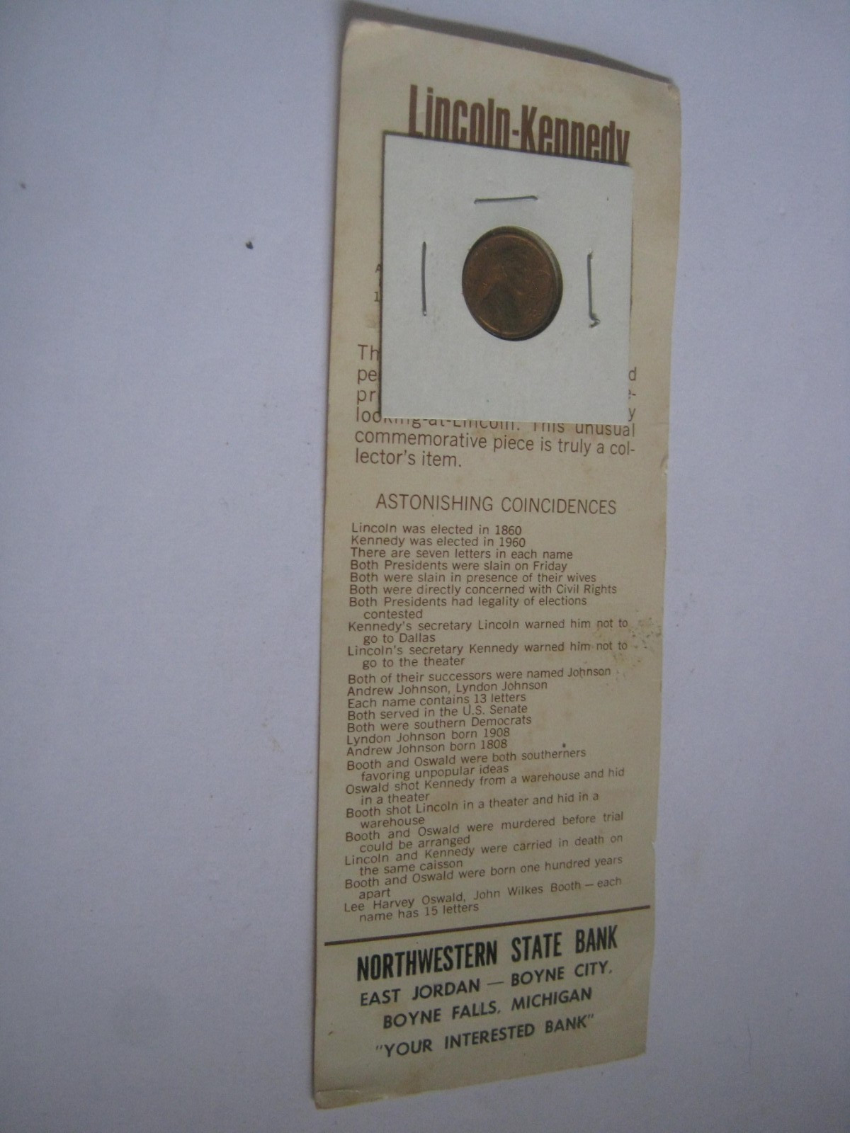 1970s Northwestern STATE Bank, Boyne Falls/City, East Jordan LINCOLN KENNEDY Adv