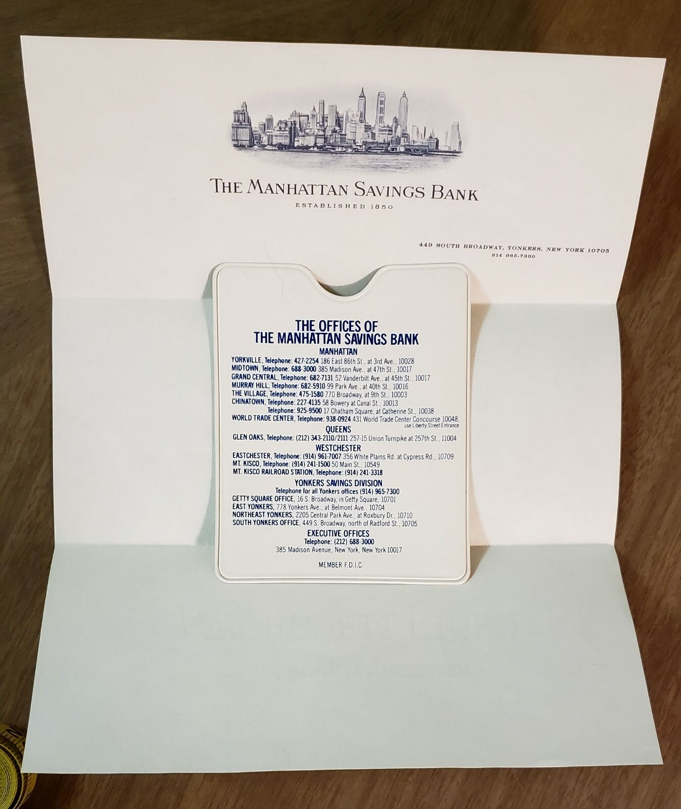 Manhattan Savings Bank Passbook/Bankbook Protector Sleeve w/Letterhead (1970s?)