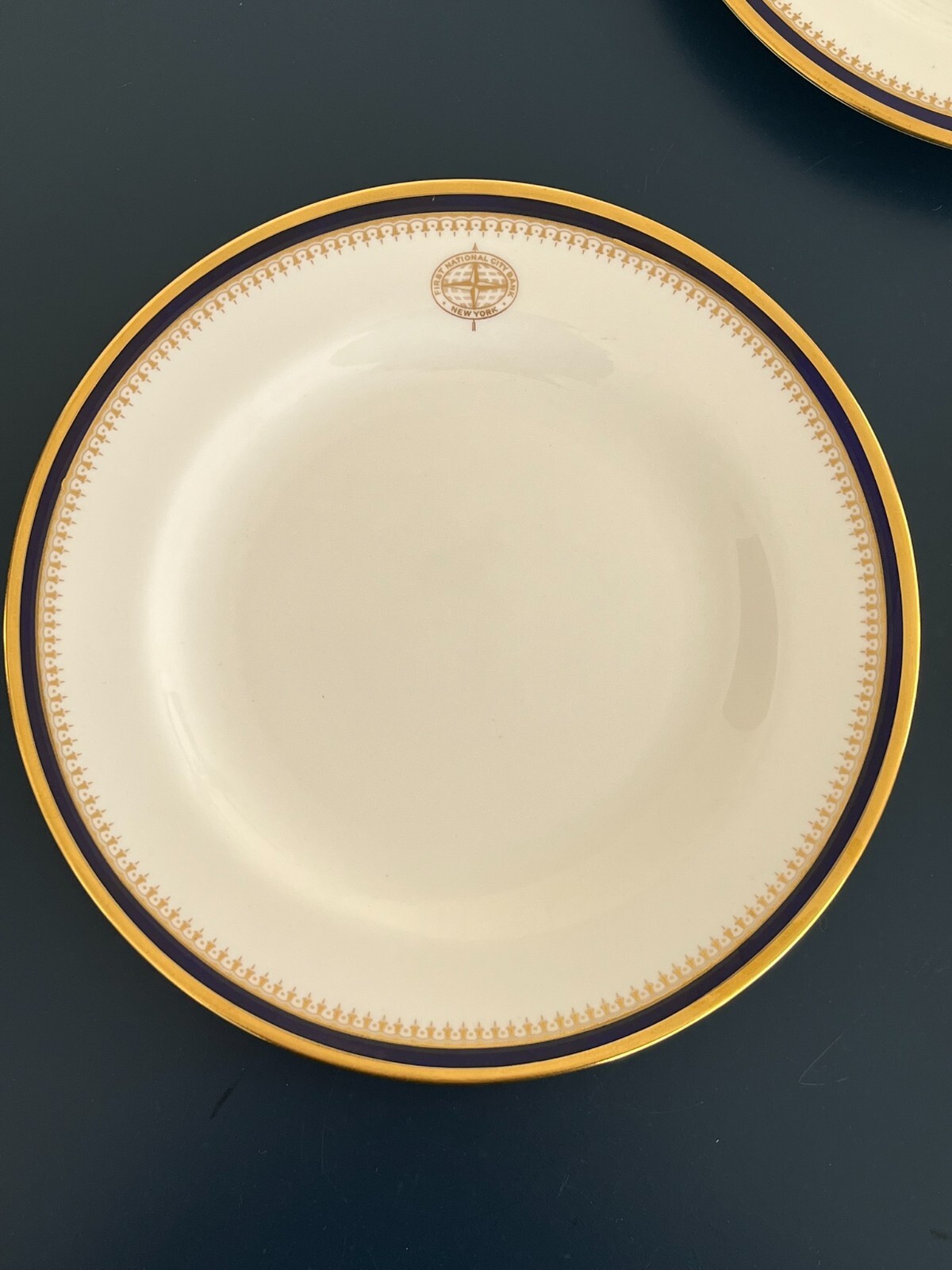 FIRST NATIONAL CITY BANK NY SPODE KNIGHTSBRIDGE COBALT 3 LUNCH PLATES RARE!