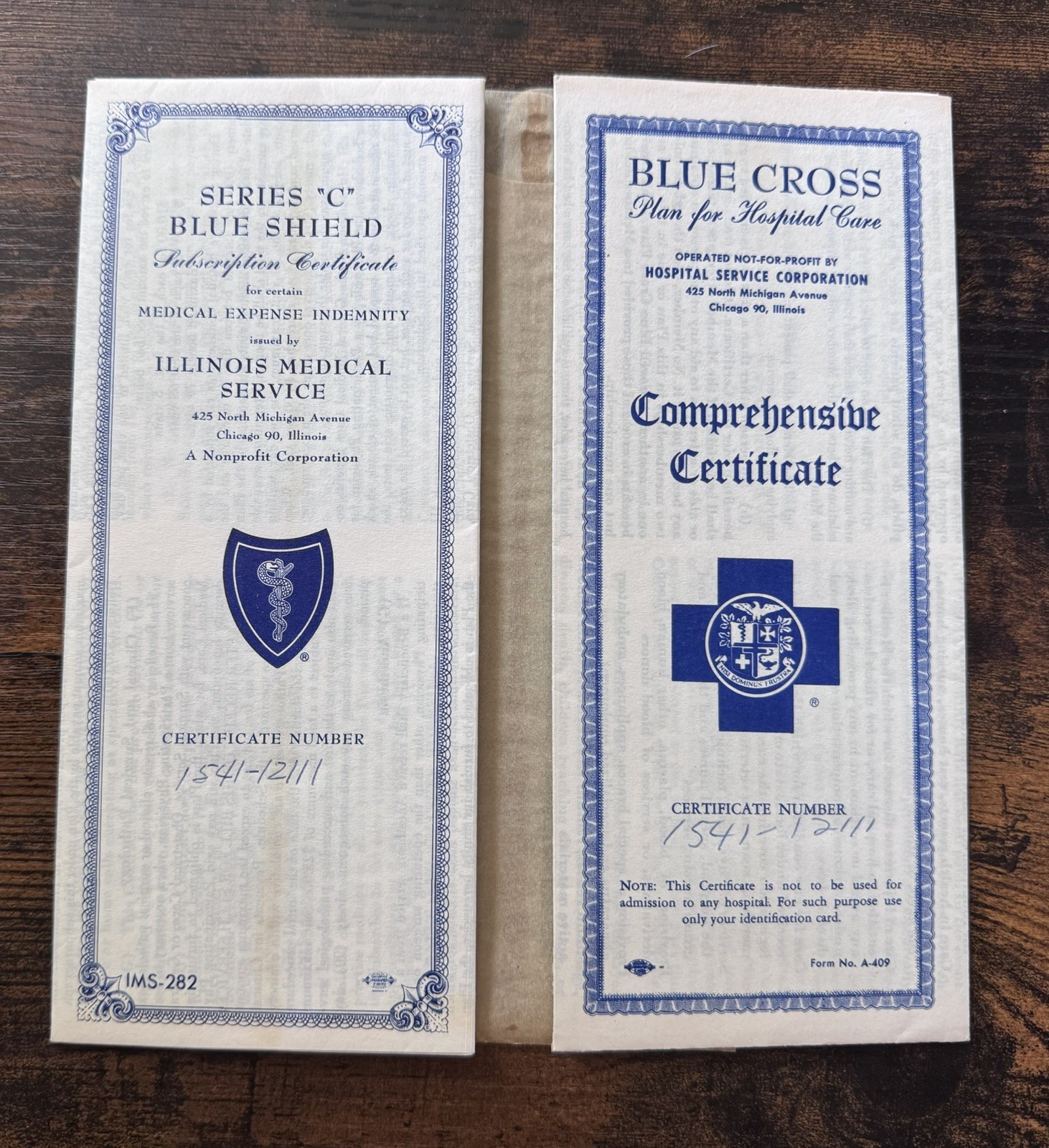 Vintage Blue Cross Series C & Comprehensive Certificates 1958