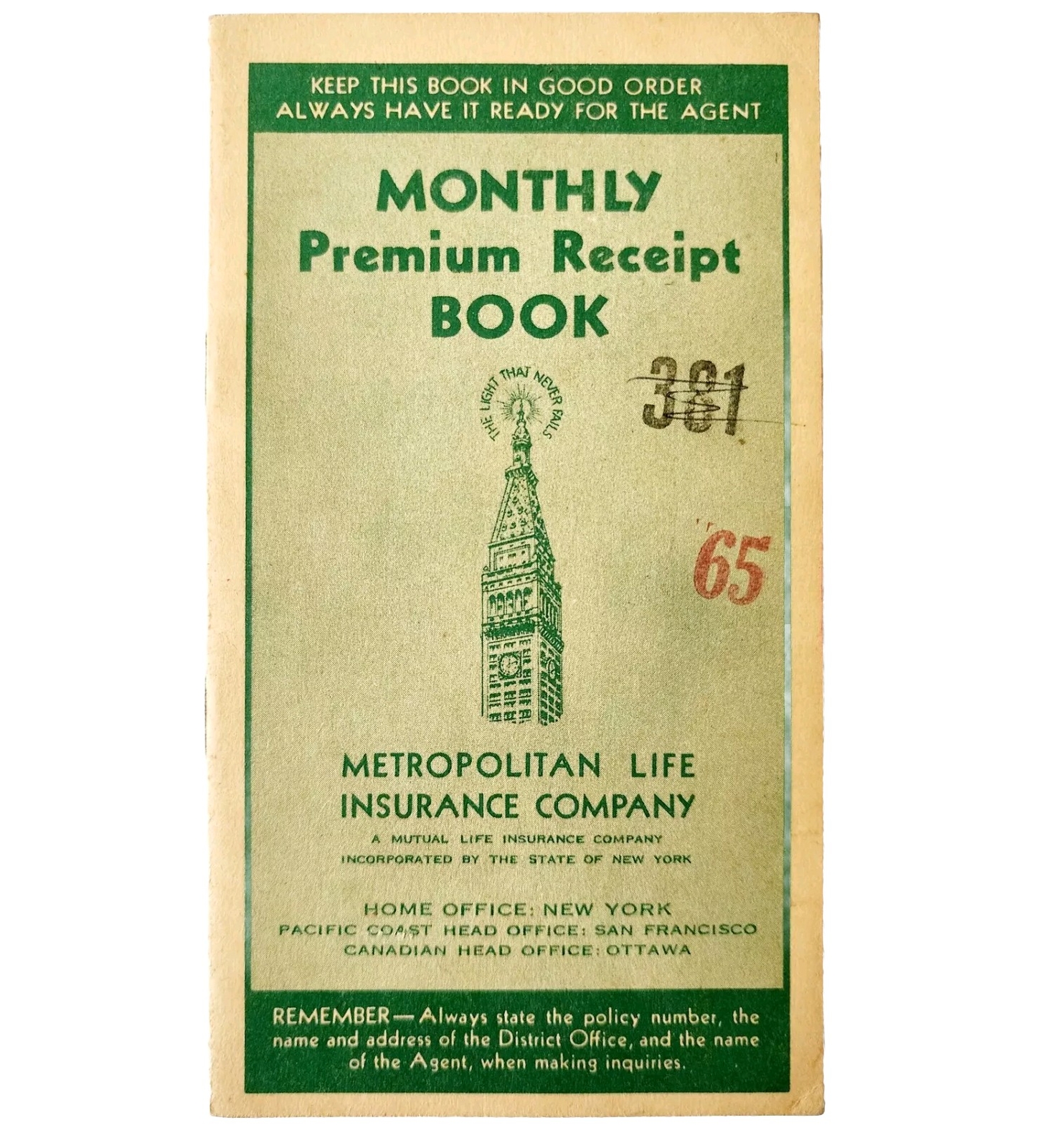 1940s Metropolitan Life Insurance Co Monthly Premium Receipt Book Boston E85G