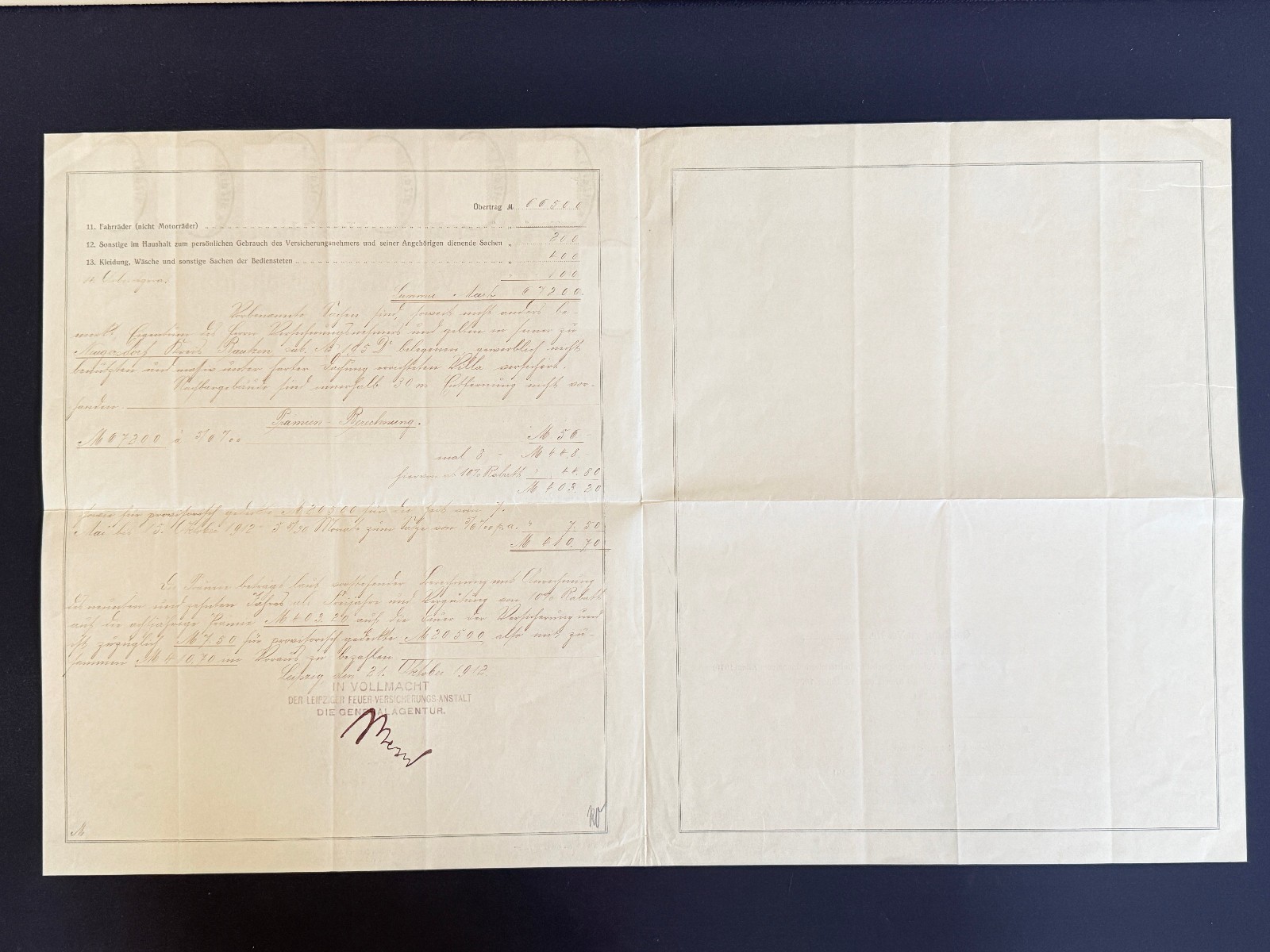 Vintage Insurance Policy Leipziger Fire Insurance 7 Stamp Marks 1912