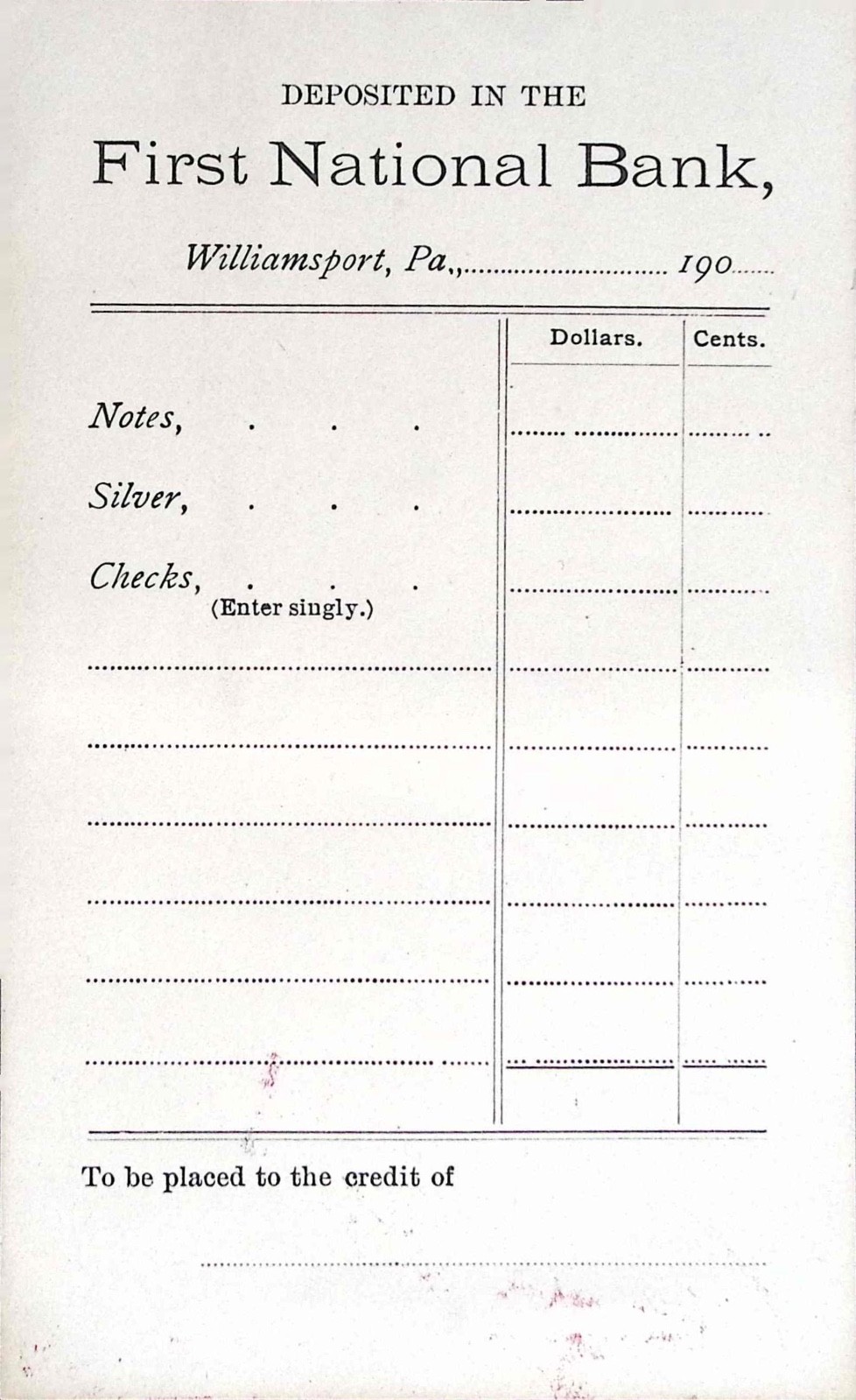 1900 First National Bank Williamsport PA Blank Deposit Slip Banking Ephemera
