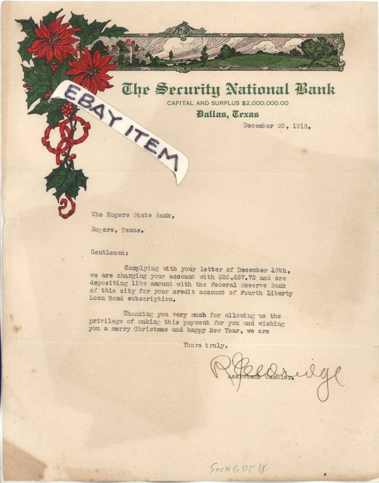 1918 Dallas Texas Rogers letterhead SECURITY NATIONAL BANK color LETTERHEAD