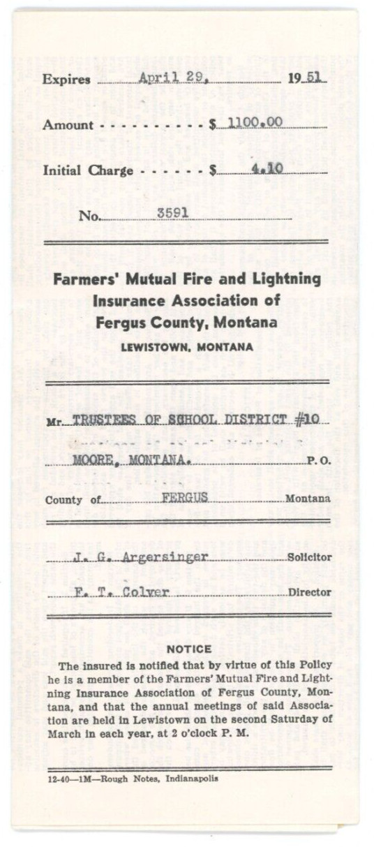1946 Farmers Mutual Fire Lightning Insurance Policy Trout Creek School Moore MT