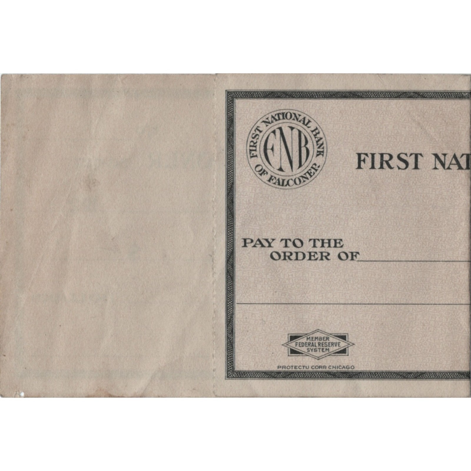 Antique 1925 First National Bank Falconer NY Blank Check 1920s FNB Cash Note VTG