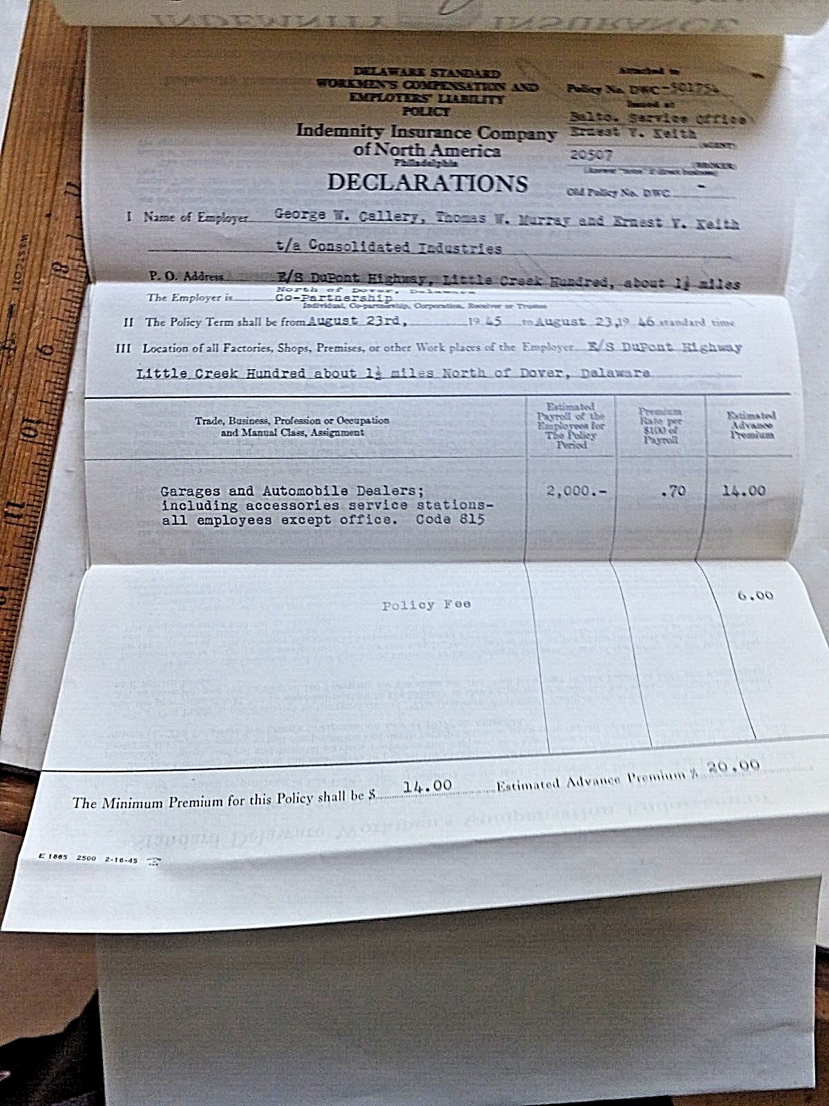 1946 Workmens Comp & Employers Liability Policy. Indemnity Ins. Of North America