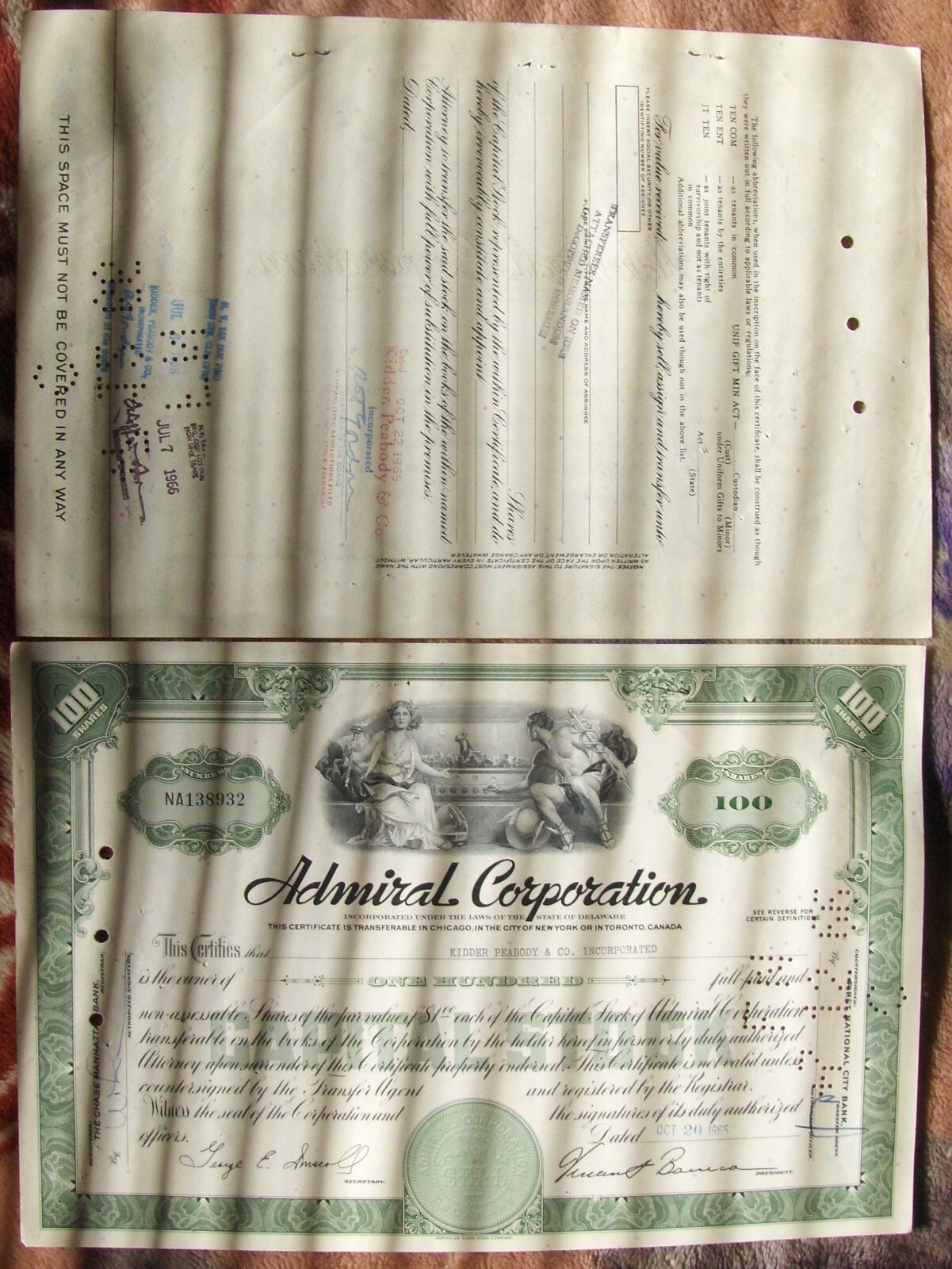 Admiral Corporation stock certificate Payee KIDDER PEABODY & Co Inc 1965.