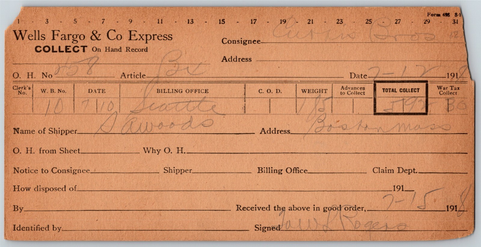 1918 Wells Fargo & Co Express – Manila “Collect” Card