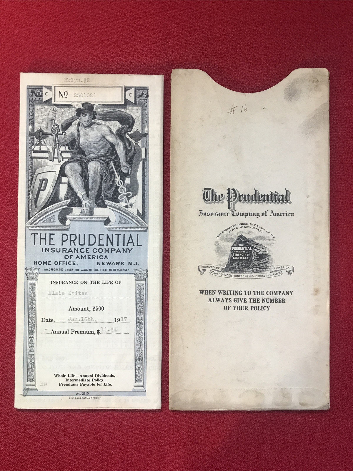 Prudential Insurance Co Personal life Policy January 16, 1917 Elsie Stites