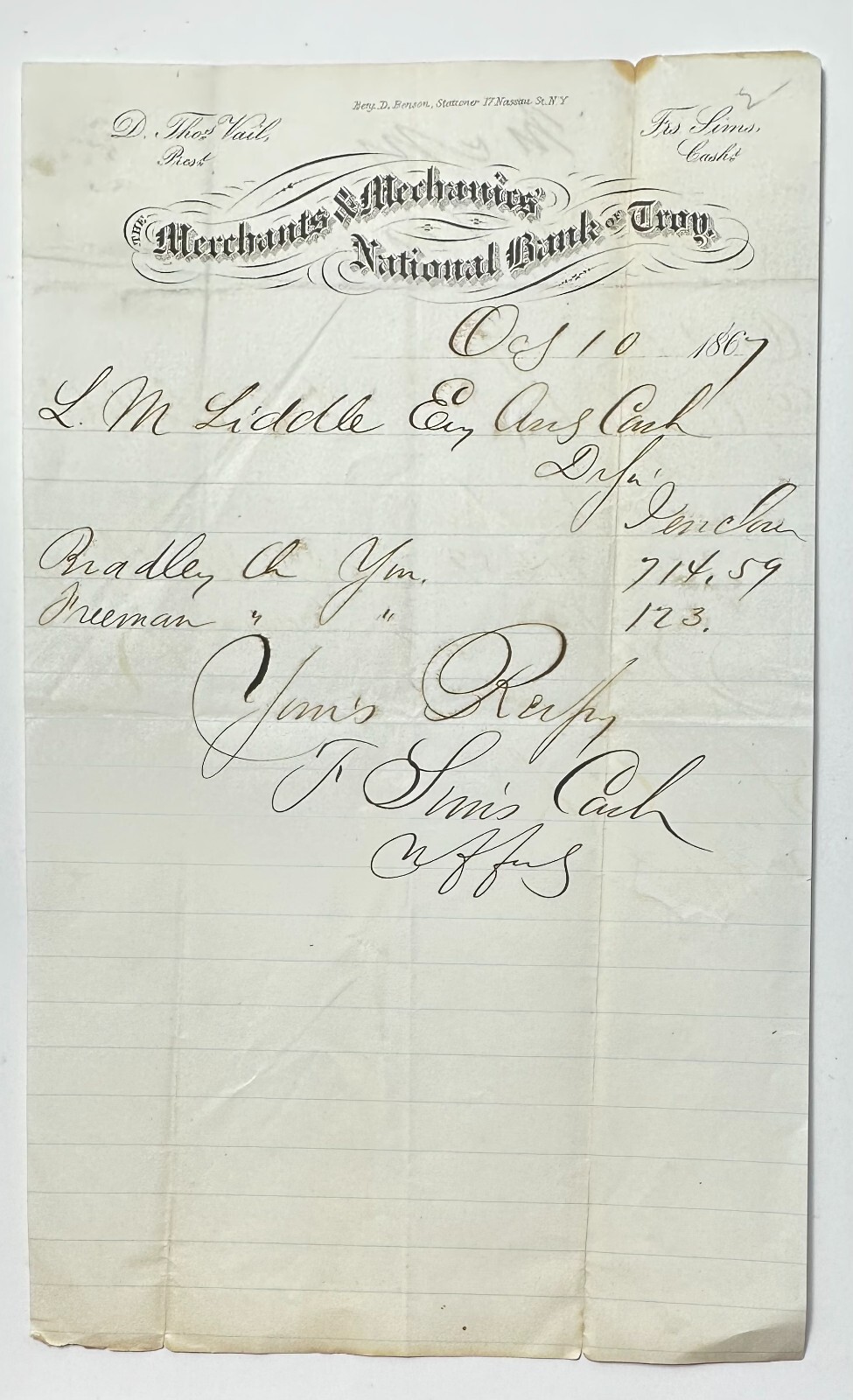 1867 Merchants & Mechanics National Bank of Troy ‘Letterhead NASSAU NY